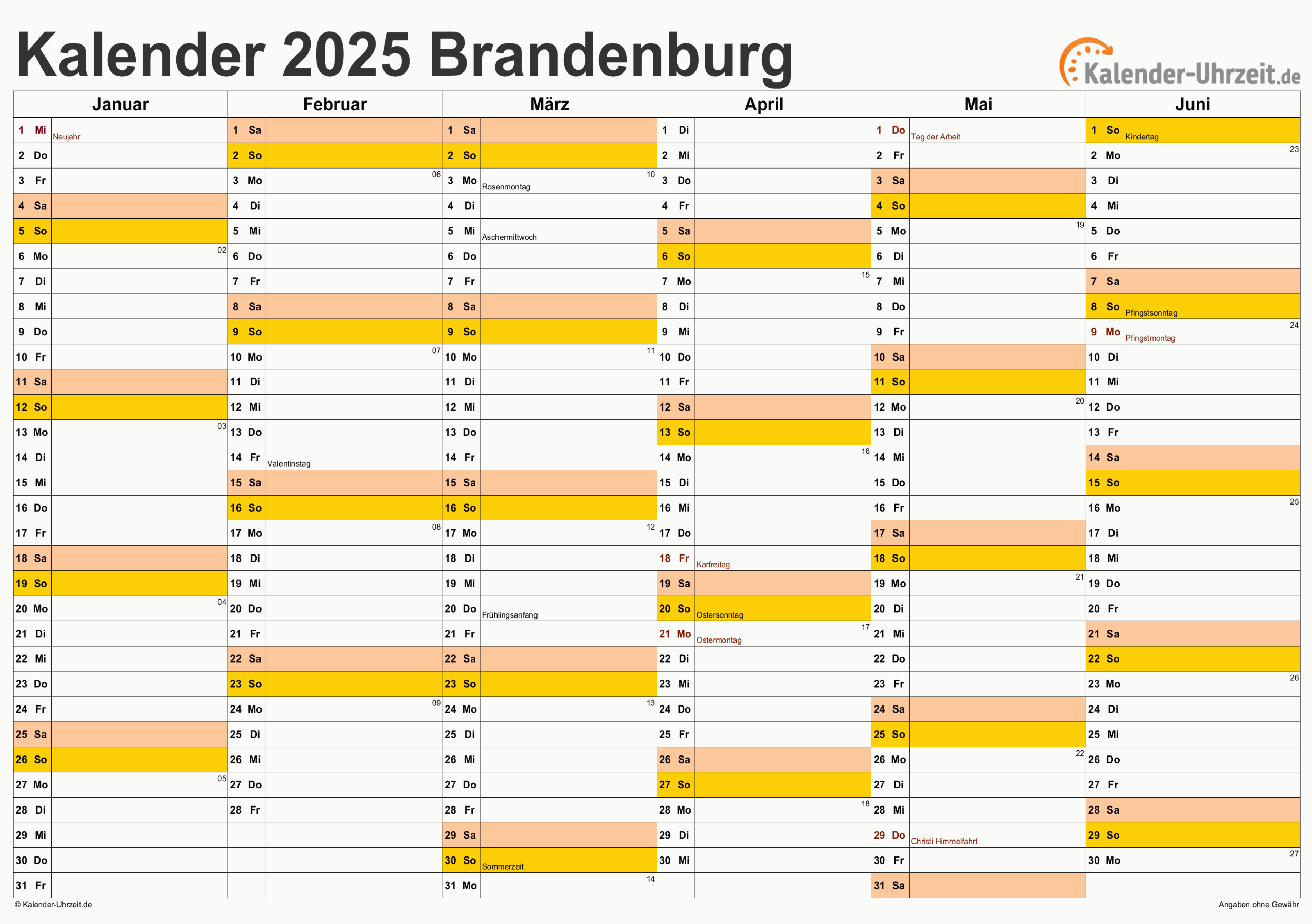Brandenburg Kalender 2025 mit Feiertagen - quer-zweiseitig