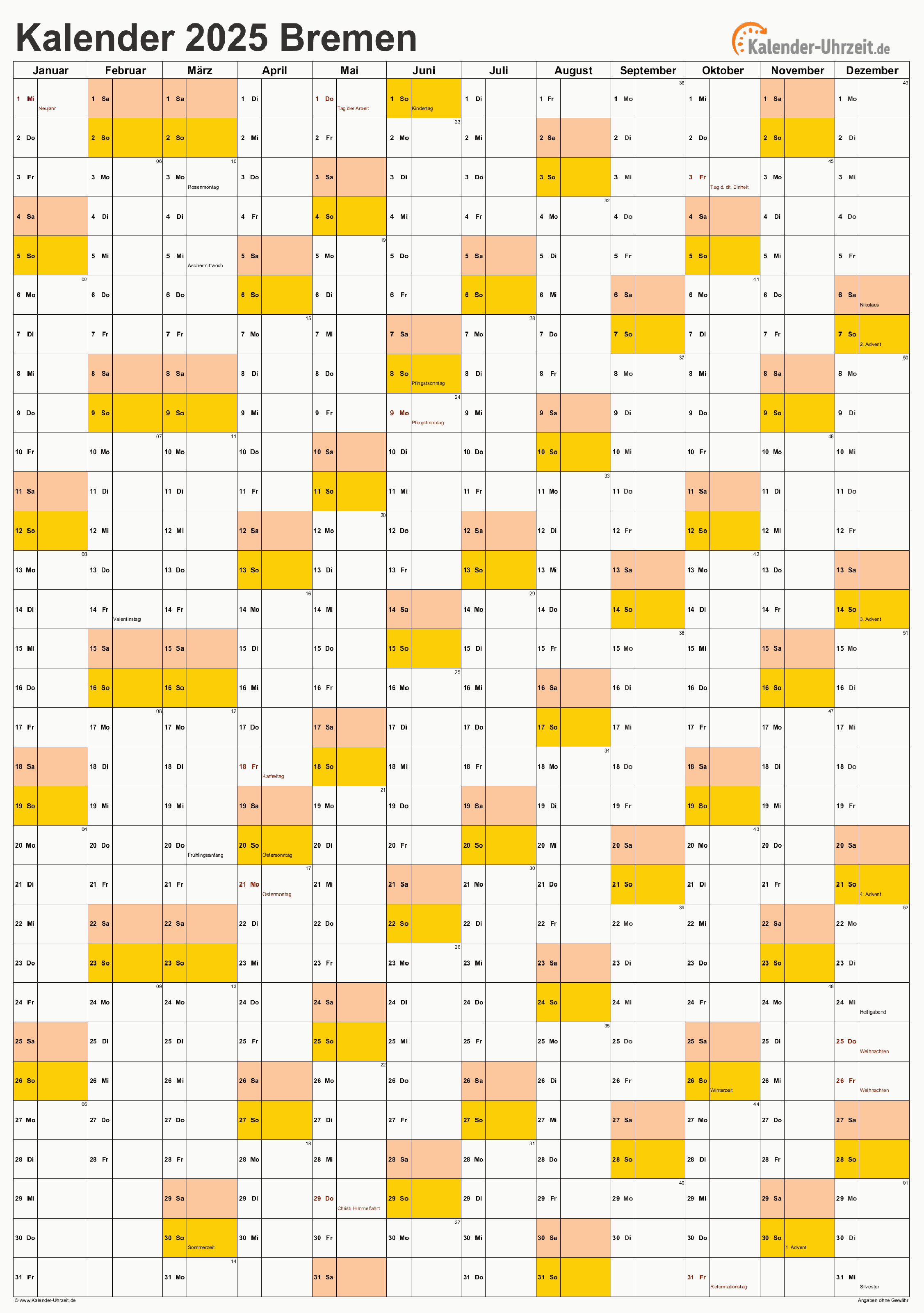 Bremen Kalender 2025 mit Feiertagen - hoch-einseitig