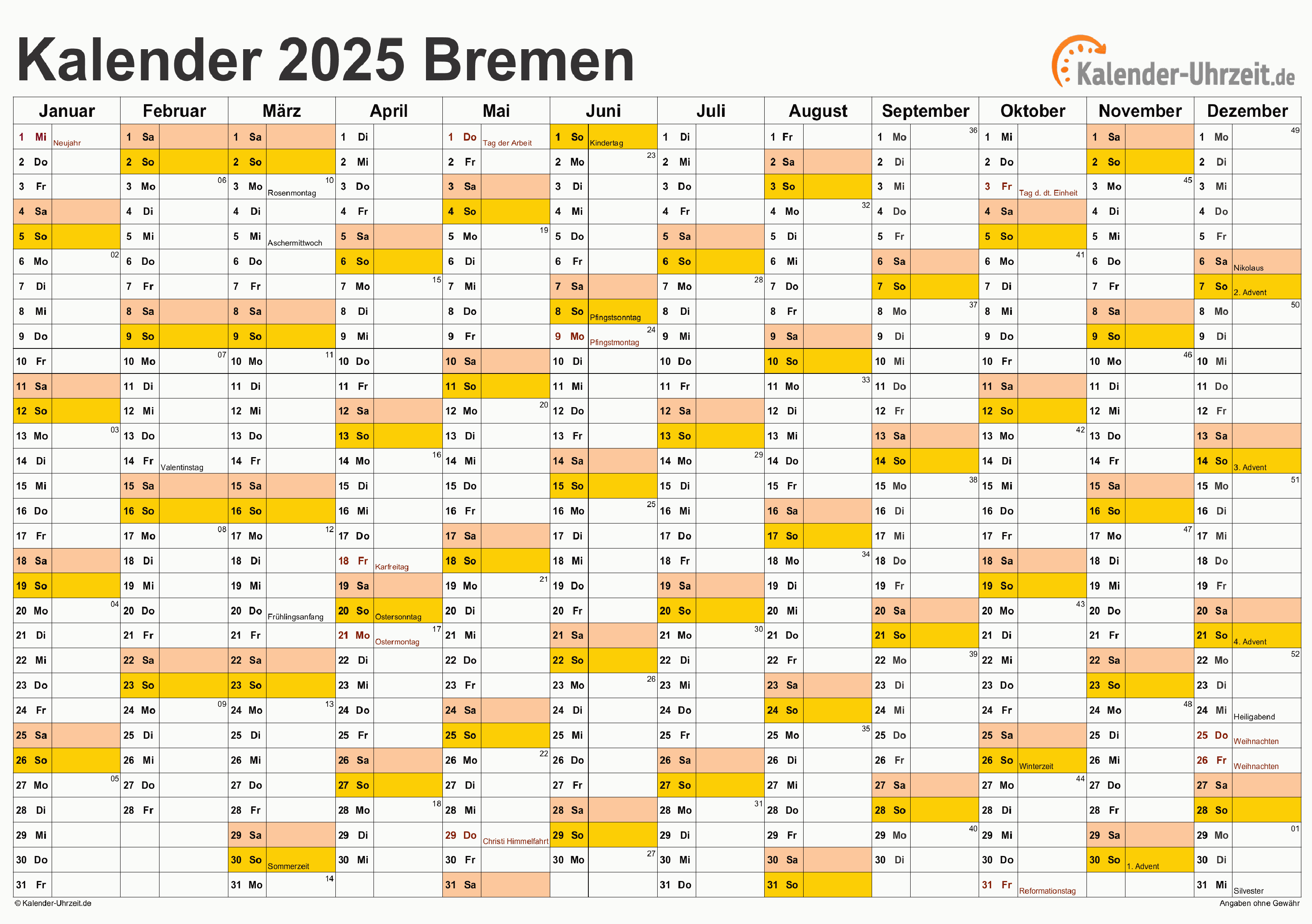 Bremen Kalender 2025 mit Feiertagen - quer-einseitig