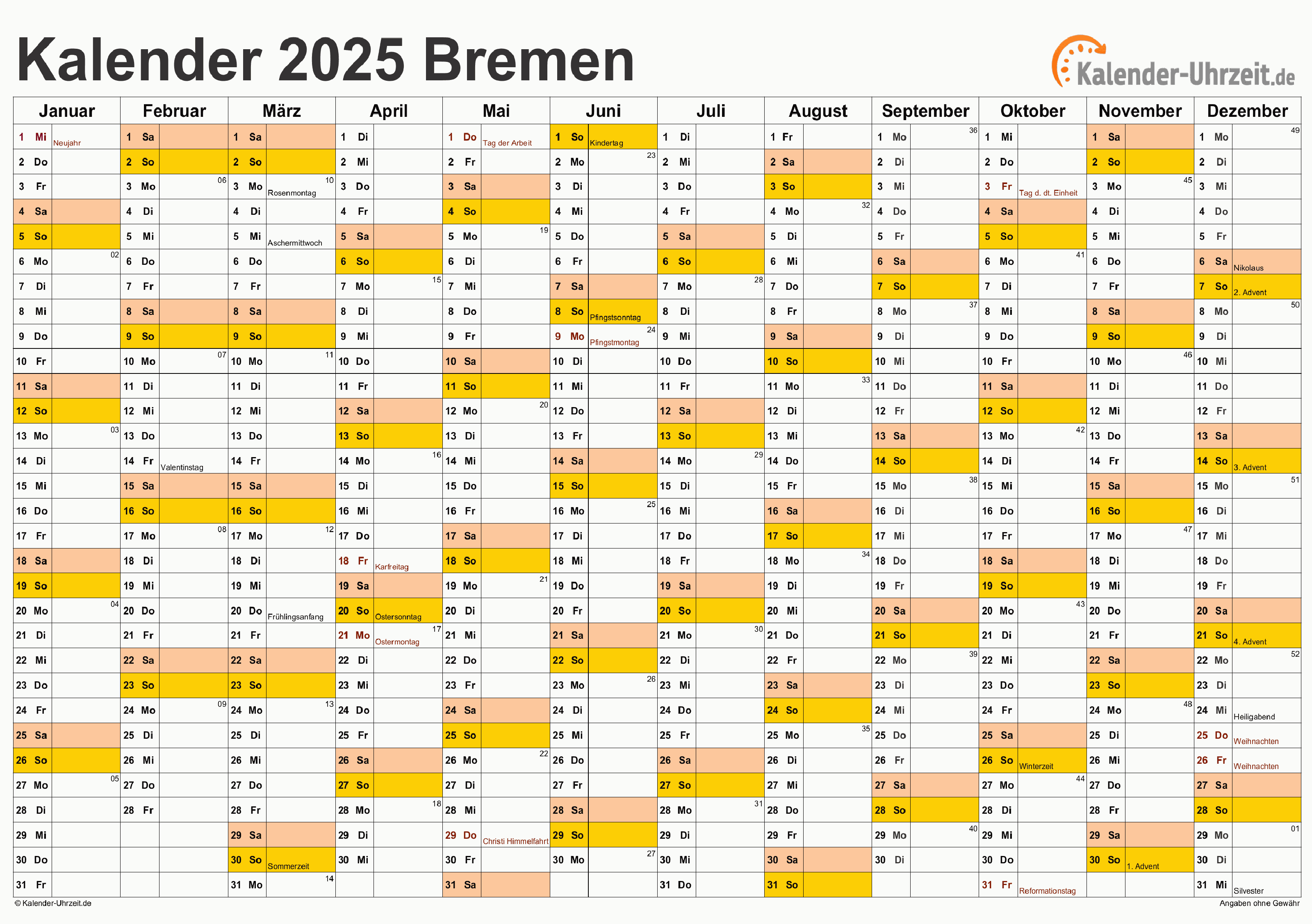Bremen Kalender 2025 - A4 quer-einseitig Bremen Kalender 2025 mit Feiertagen - quer-einseitig