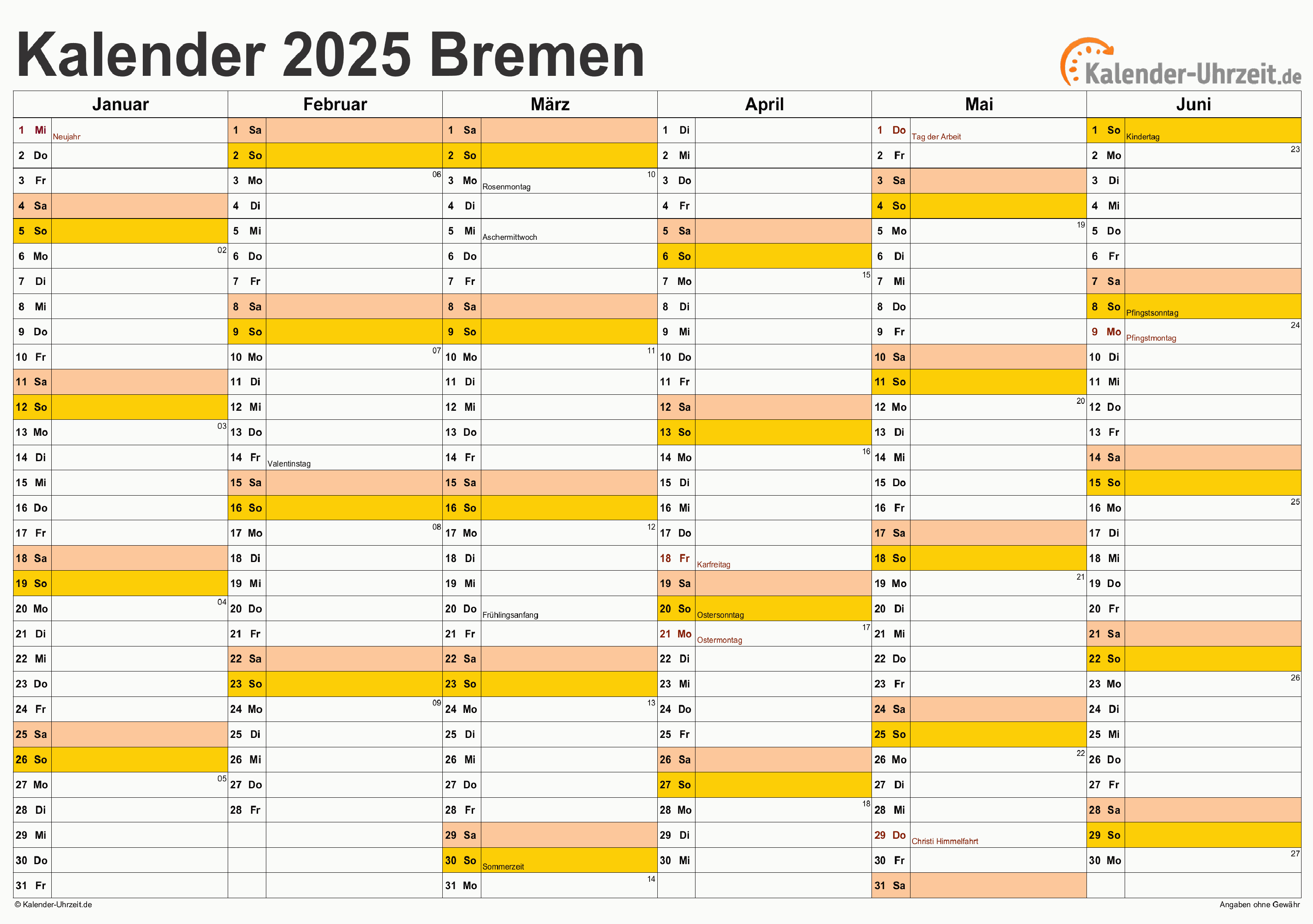 Bremen Kalender 2025 mit Feiertagen - quer-zweiseitig