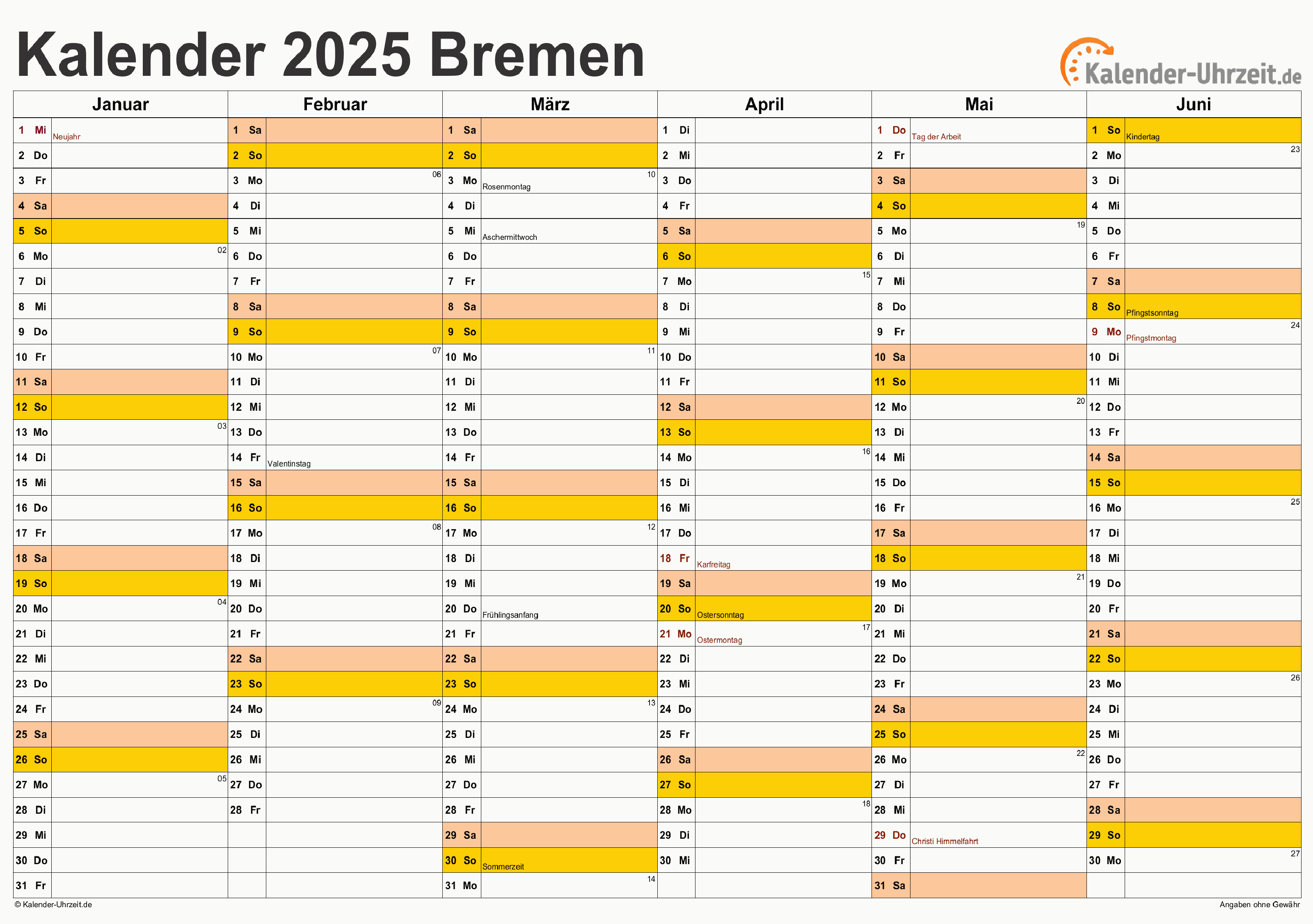 Bremen Kalender 2025 - A4 quer-zweiseitig Bremen Kalender 2025 mit Feiertagen - quer-zweiseitig