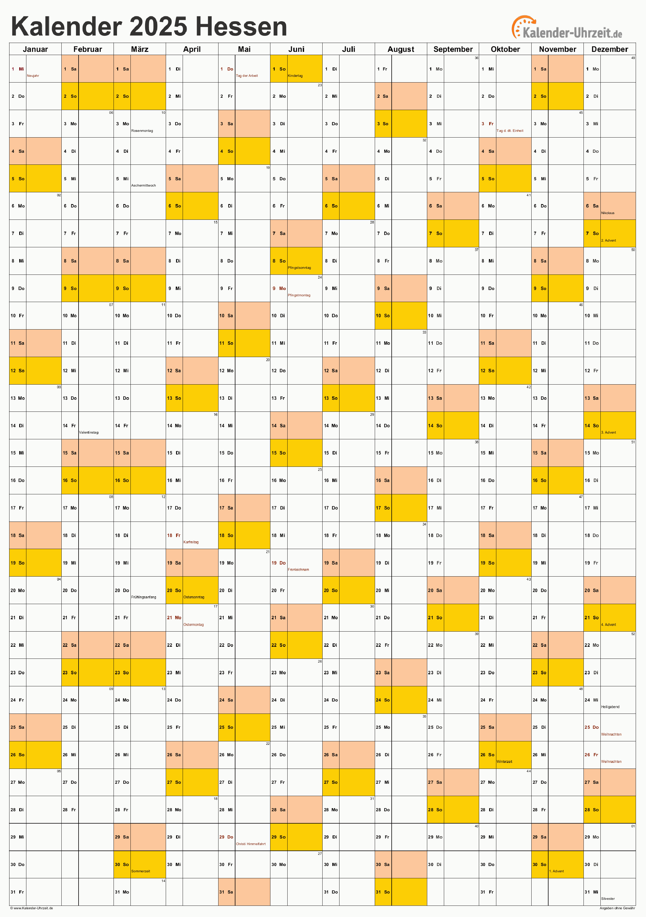 Hessen Kalender 2025 - A4 hoch-einseitig Hessen Kalender 2025 mit Feiertagen - hoch-einseitig