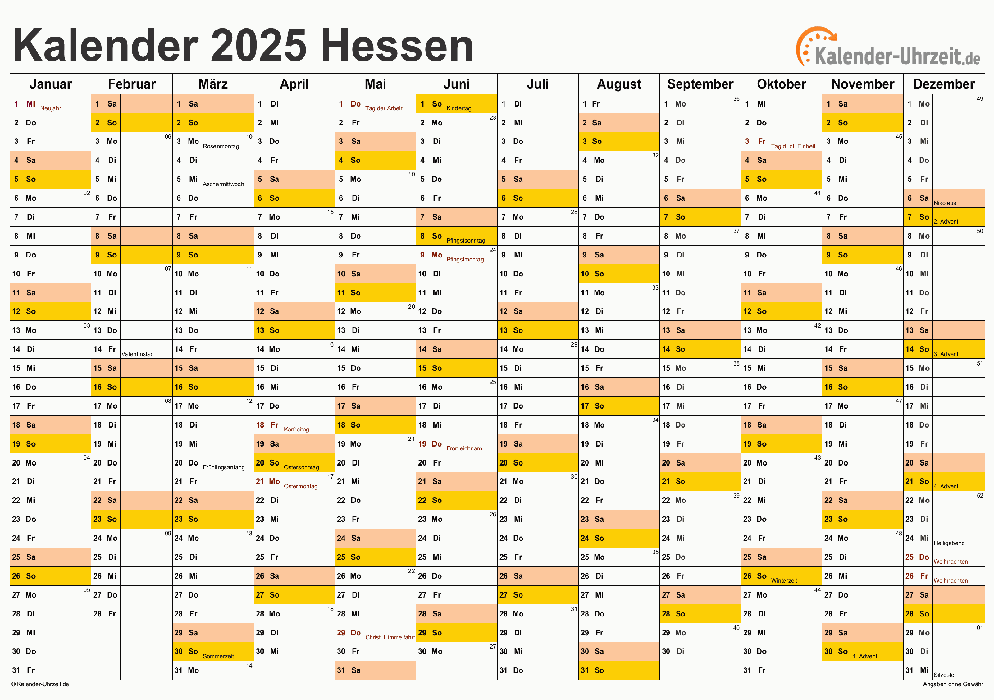 Hessen Kalender 2025 - A4 quer-einseitig Hessen Kalender 2025 mit Feiertagen - quer-einseitig