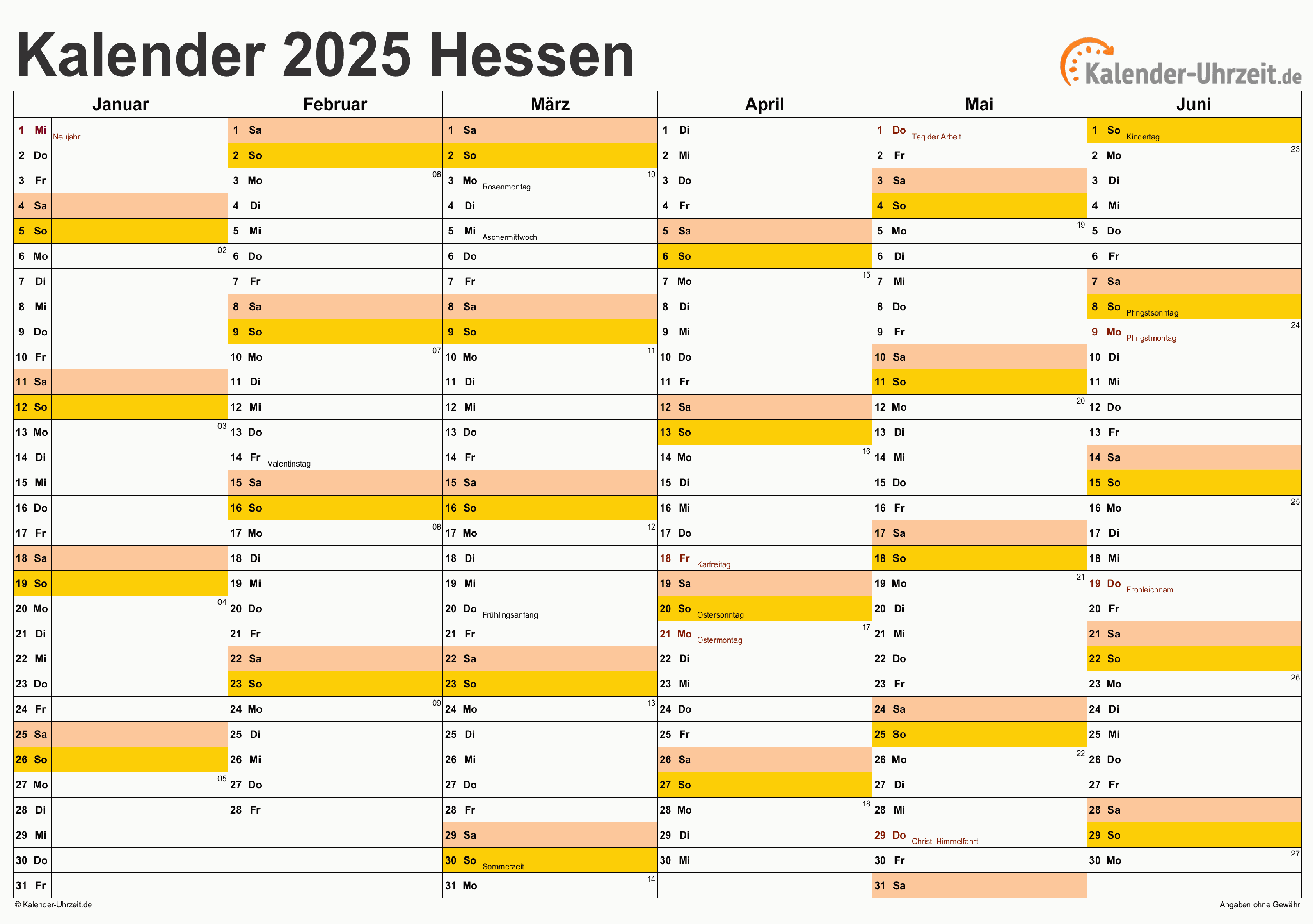 Hessen Kalender 2025 mit Feiertagen - quer-zweiseitig