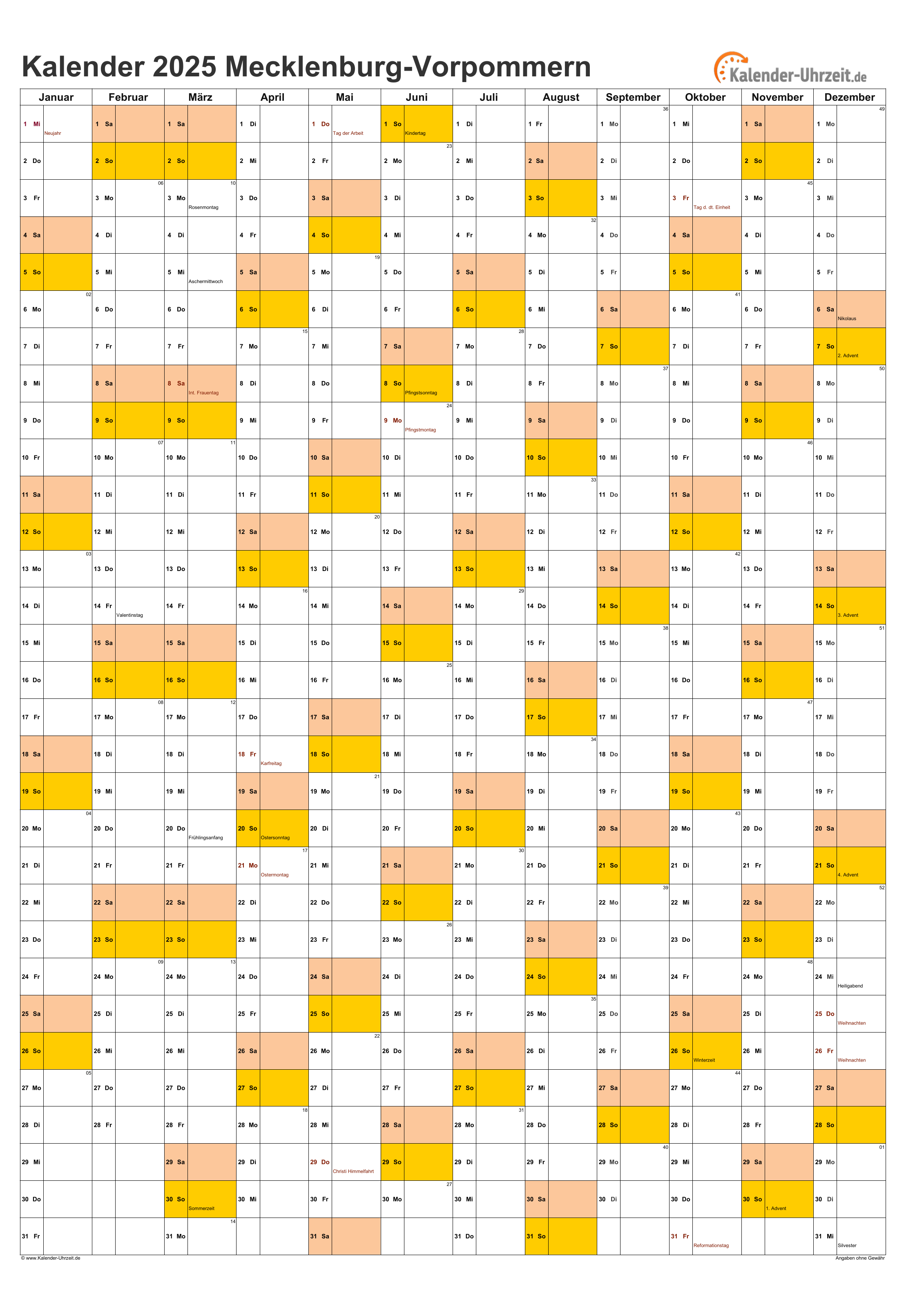 Meck.-Pomm. Kalender 2025 - A4 hoch-einseitig Meck.-Pomm. Kalender 2025 mit Feiertagen - hoch-einseitig