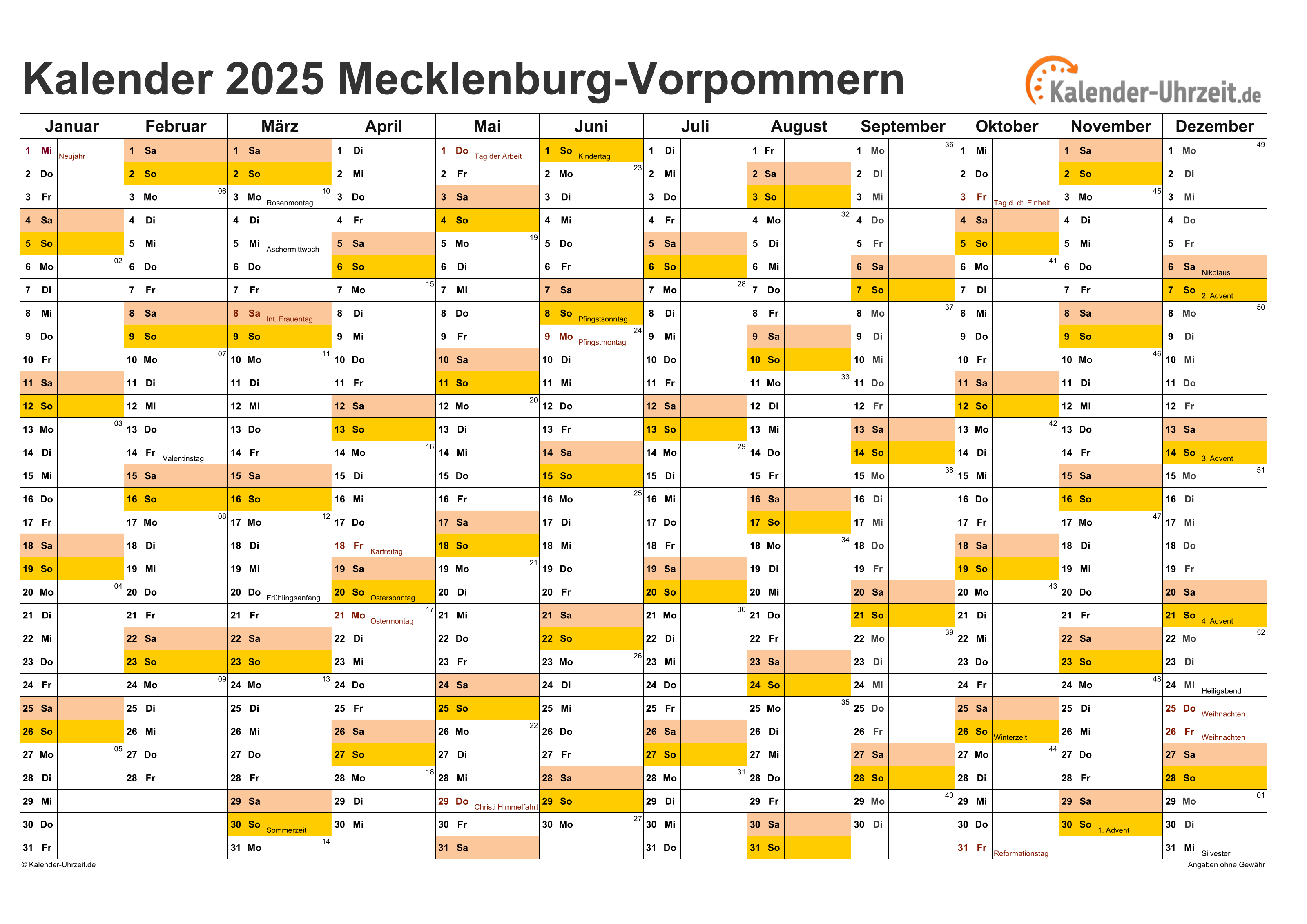 Meck.-Pomm. Kalender 2025 - A4 quer-einseitig Meck.-Pomm. Kalender 2025 mit Feiertagen - quer-einseitig