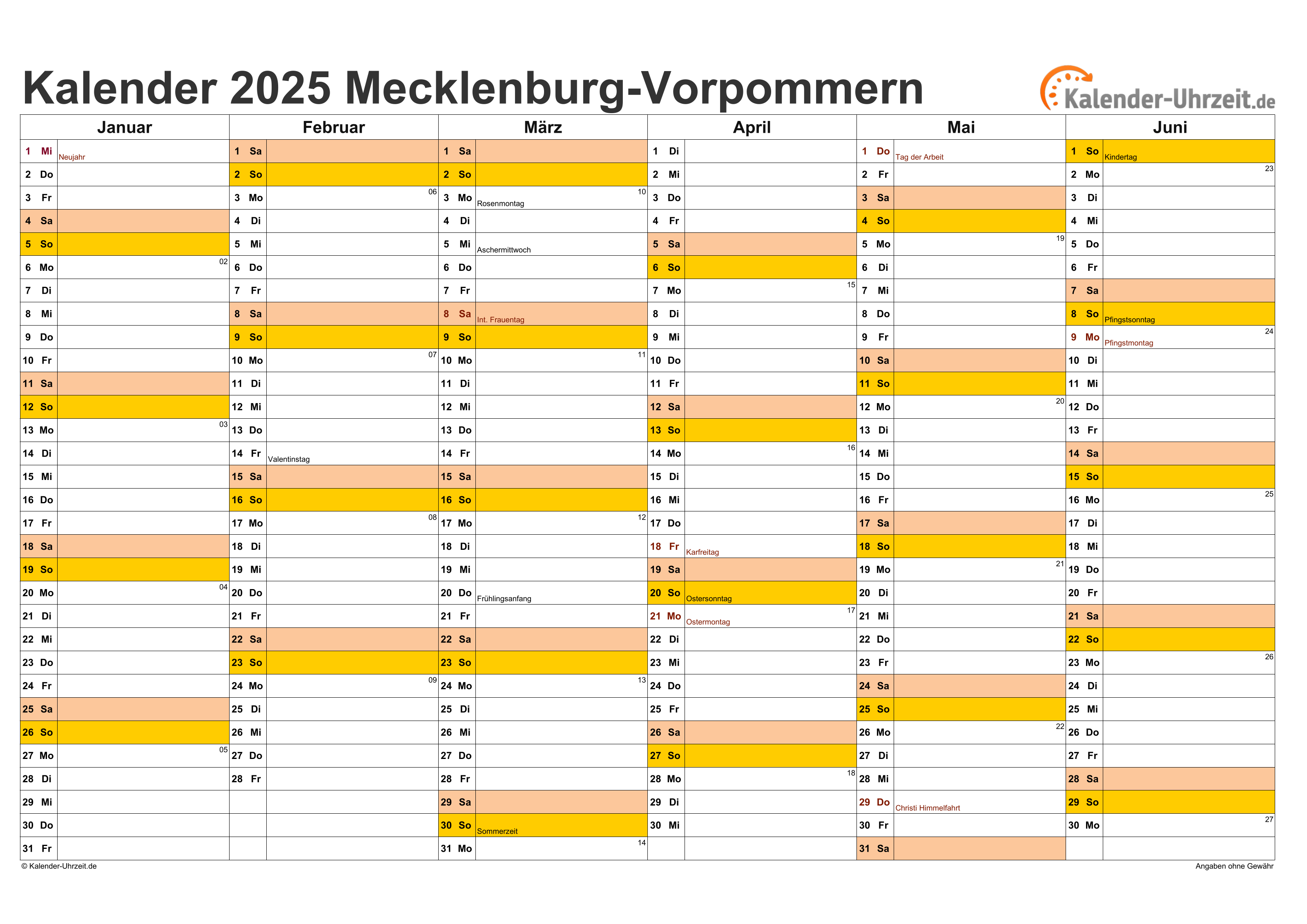 Feiertage 2025 Meck.Pomm. + Kalender