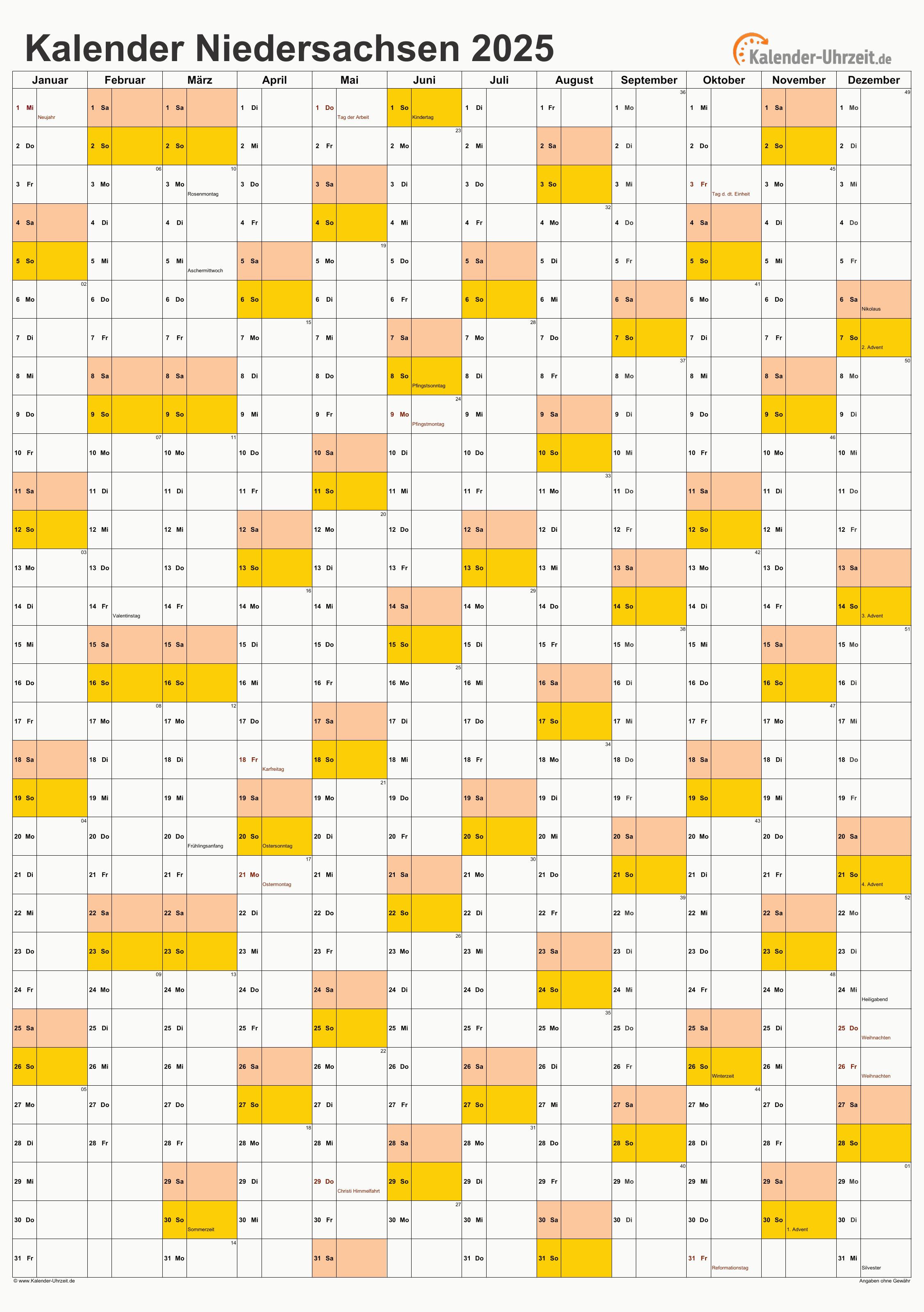 Niedersachsen Kalender 2025 - A4 hoch-einseitig Niedersachsen Kalender 2025 mit Feiertagen - hoch-einseitig