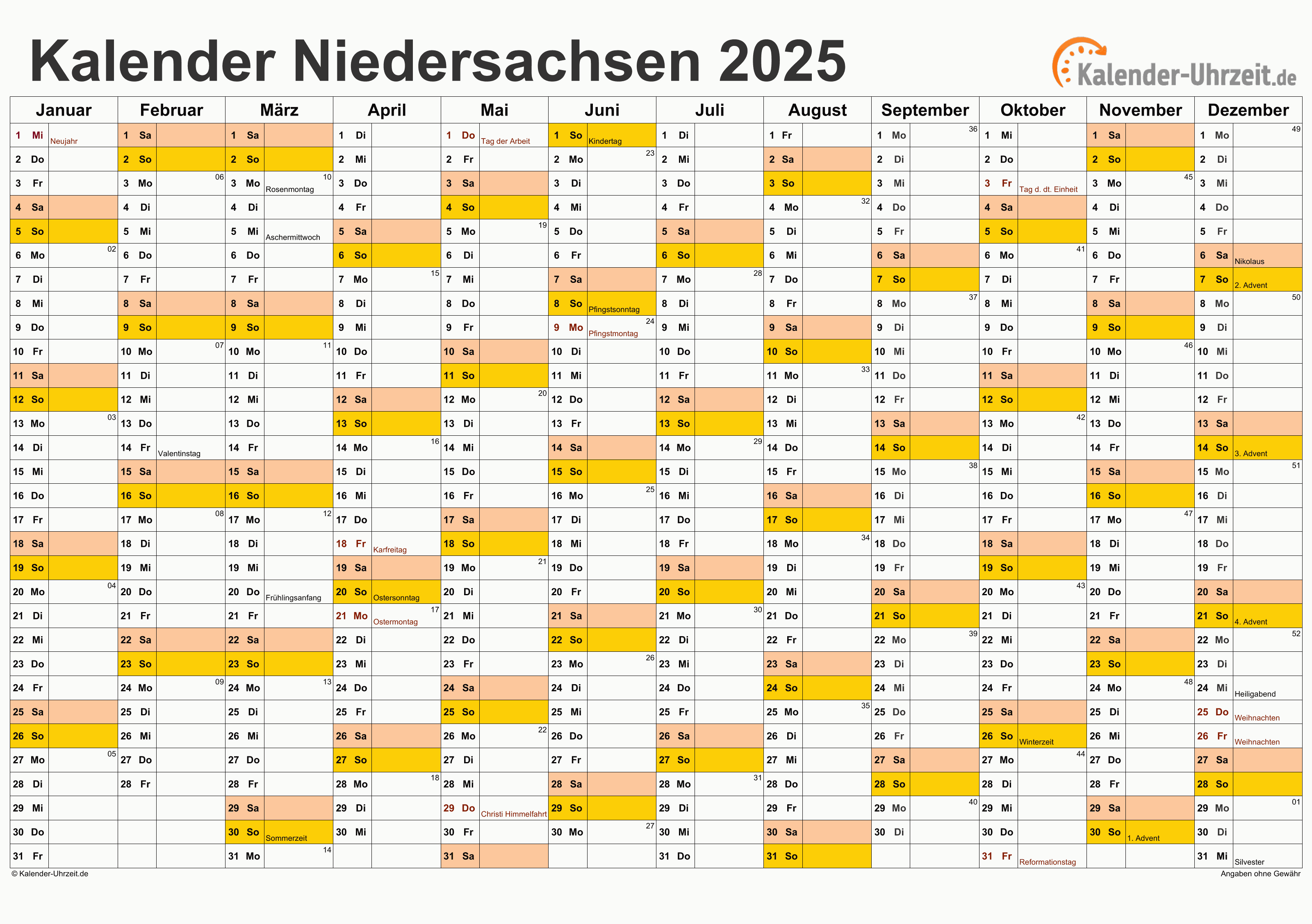 Niedersachsen Kalender 2025 mit Feiertagen - quer-einseitig