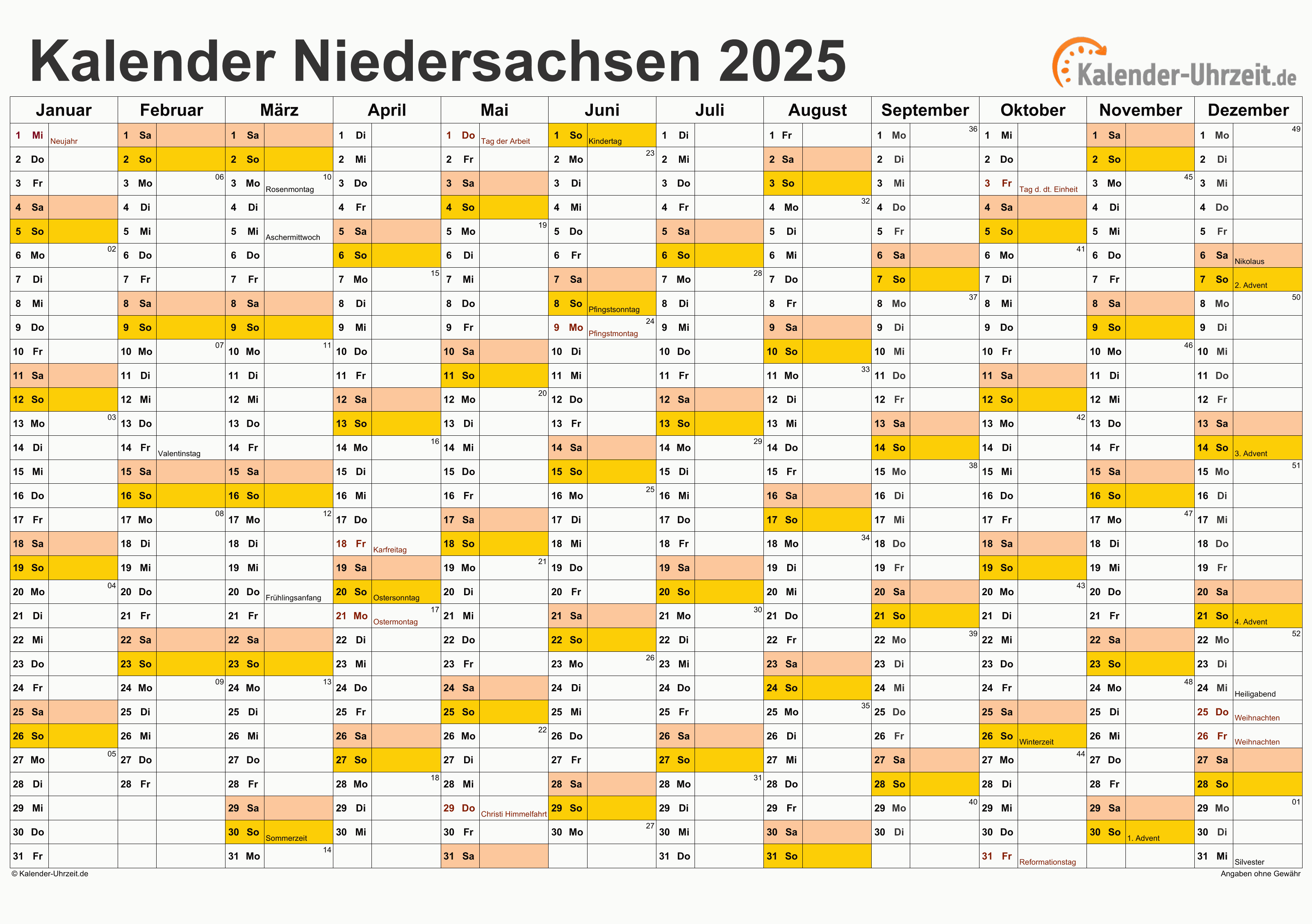 Niedersachsen Kalender 2025 - A4 quer-einseitig Niedersachsen Kalender 2025 mit Feiertagen - quer-einseitig