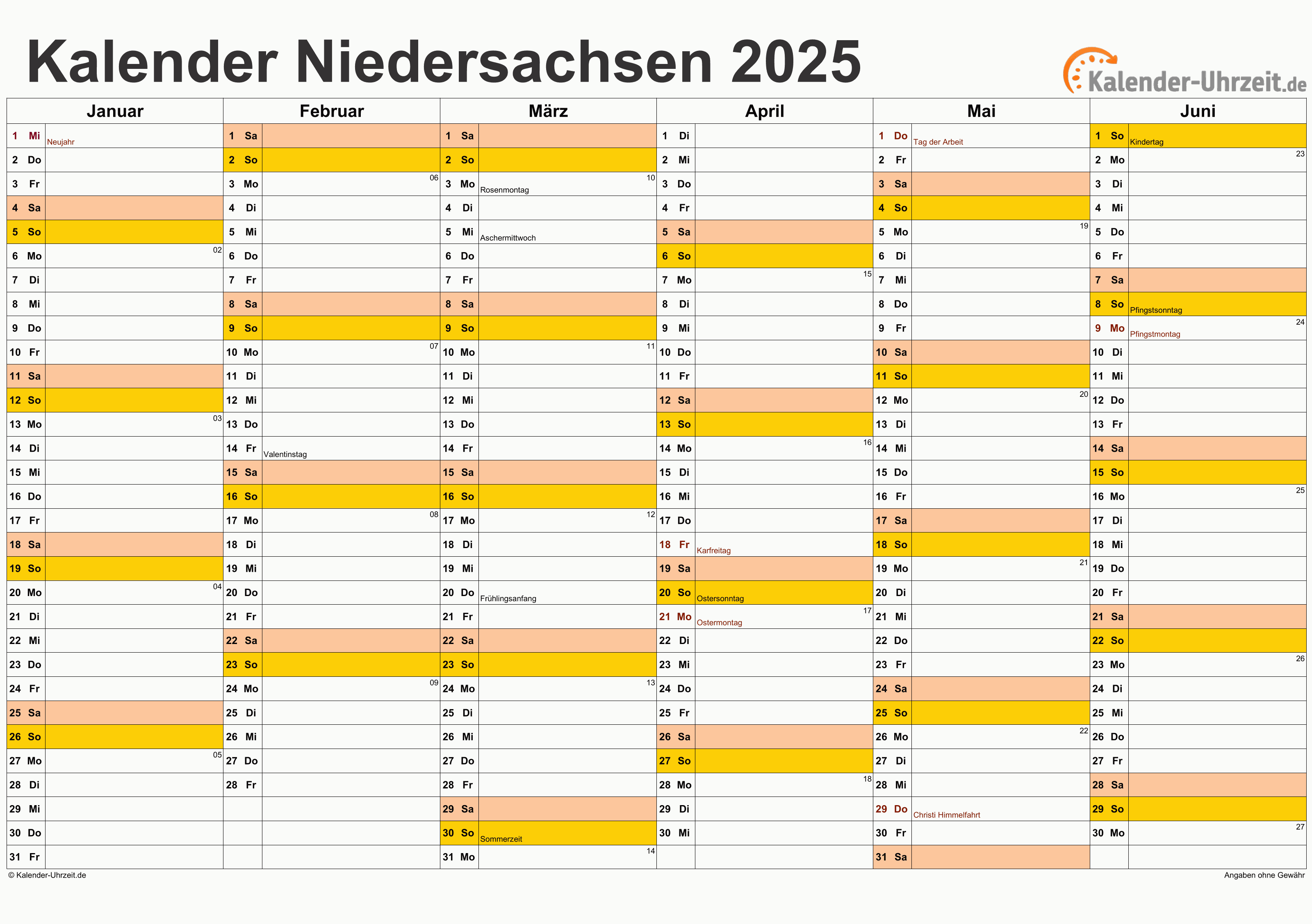 Niedersachsen Kalender 2025 - A4 quer-zweiseitig Niedersachsen Kalender 2025 mit Feiertagen - quer-zweiseitig