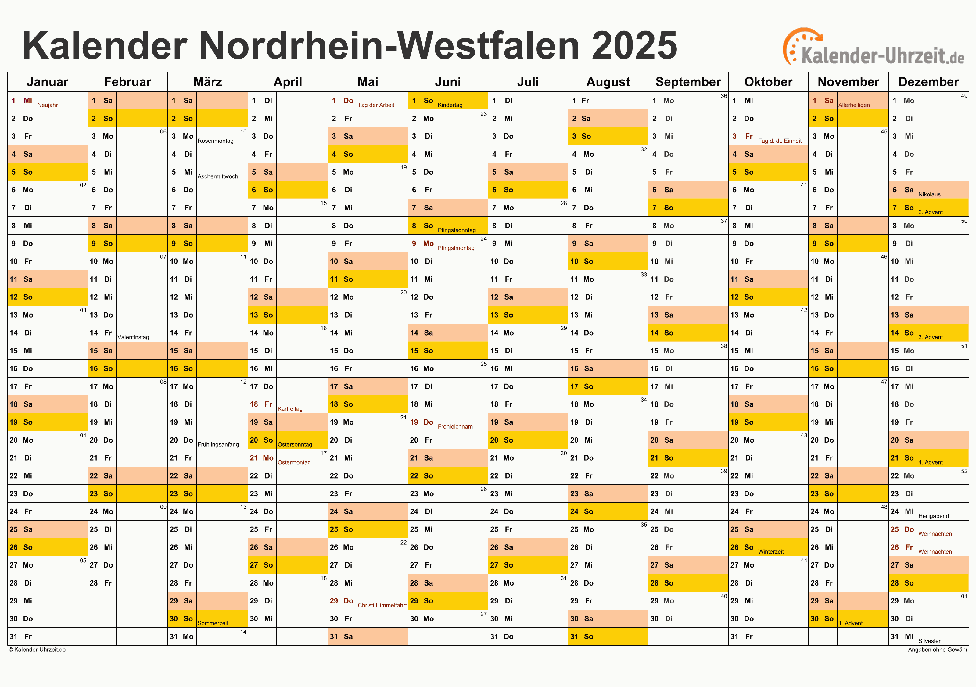 Nordrhein-Westfalen Kalender 2025 mit Feiertagen - quer-einseitig