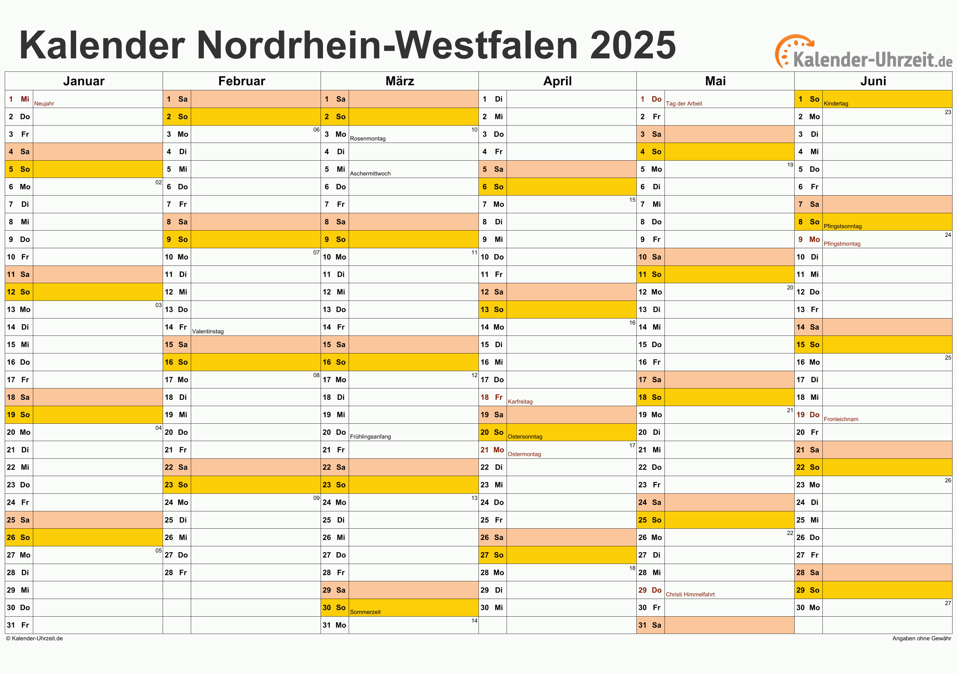 Nordrhein-Westfalen Kalender 2025 mit Feiertagen - quer-zweiseitig