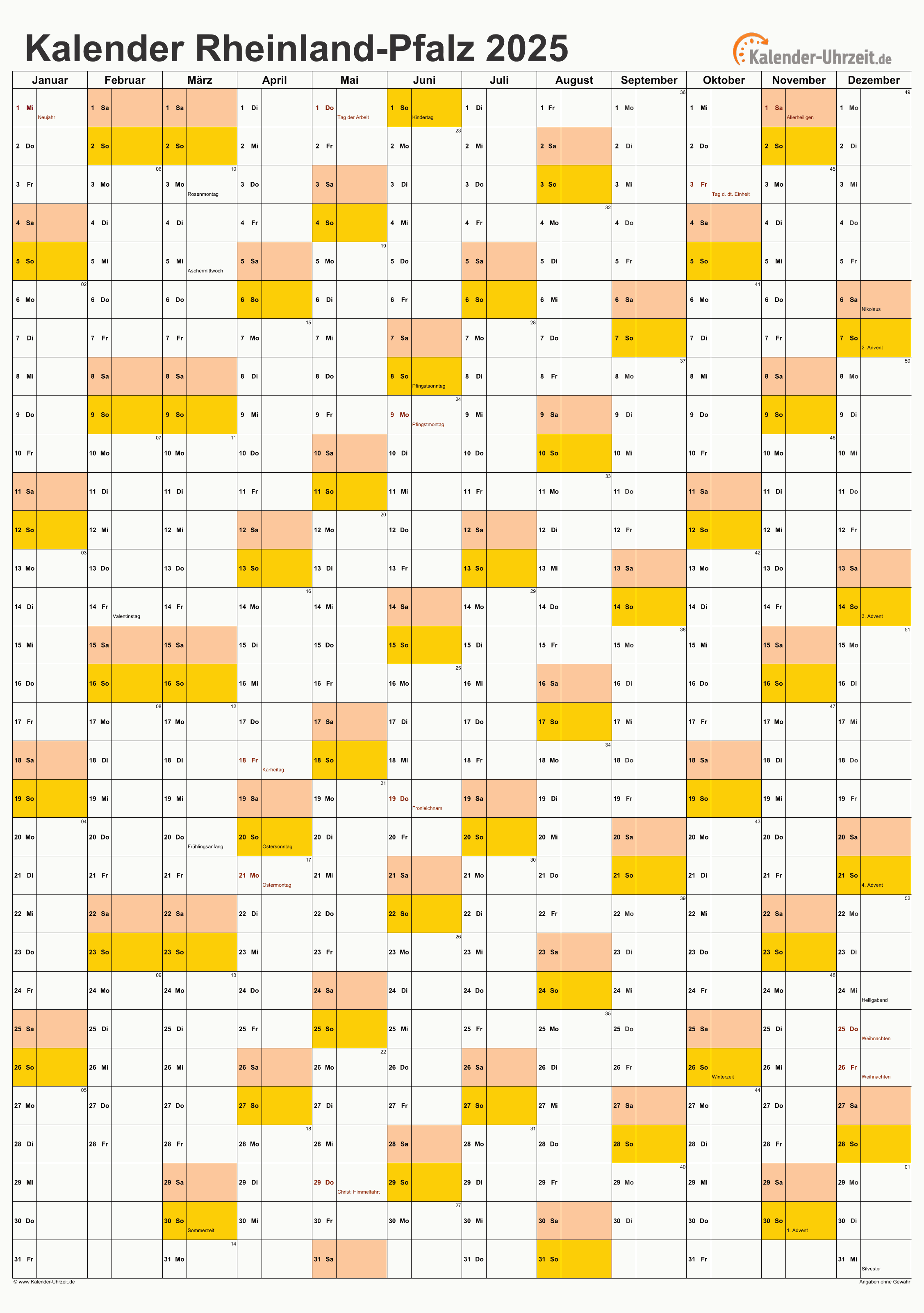 Rheinland-Pfalz Kalender 2025 - A4 hoch-einseitig Rheinland-Pfalz Kalender 2025 mit Feiertagen - hoch-einseitig