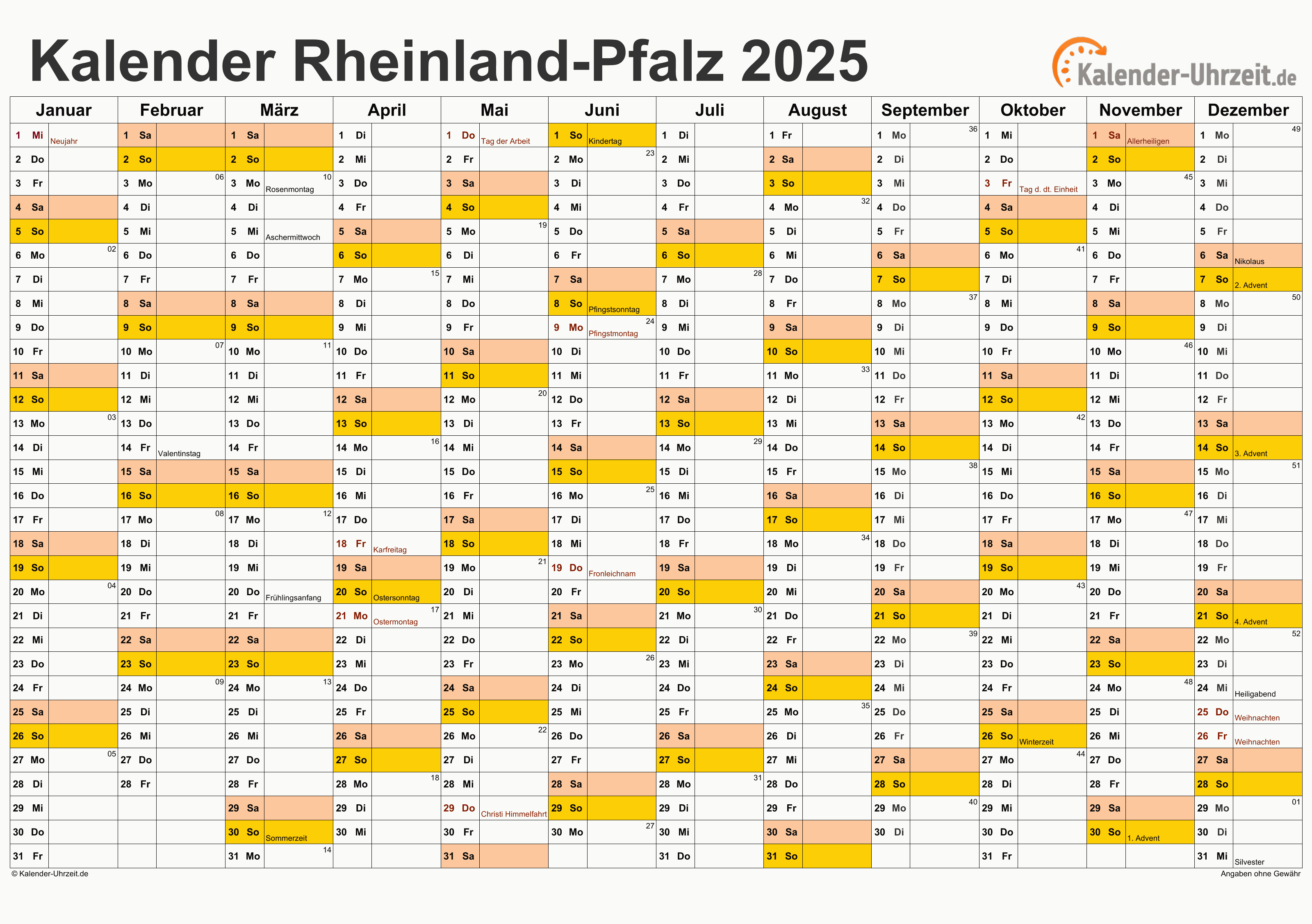 Rheinland-Pfalz Kalender 2025 - A4 quer-einseitig Rheinland-Pfalz Kalender 2025 mit Feiertagen - quer-einseitig