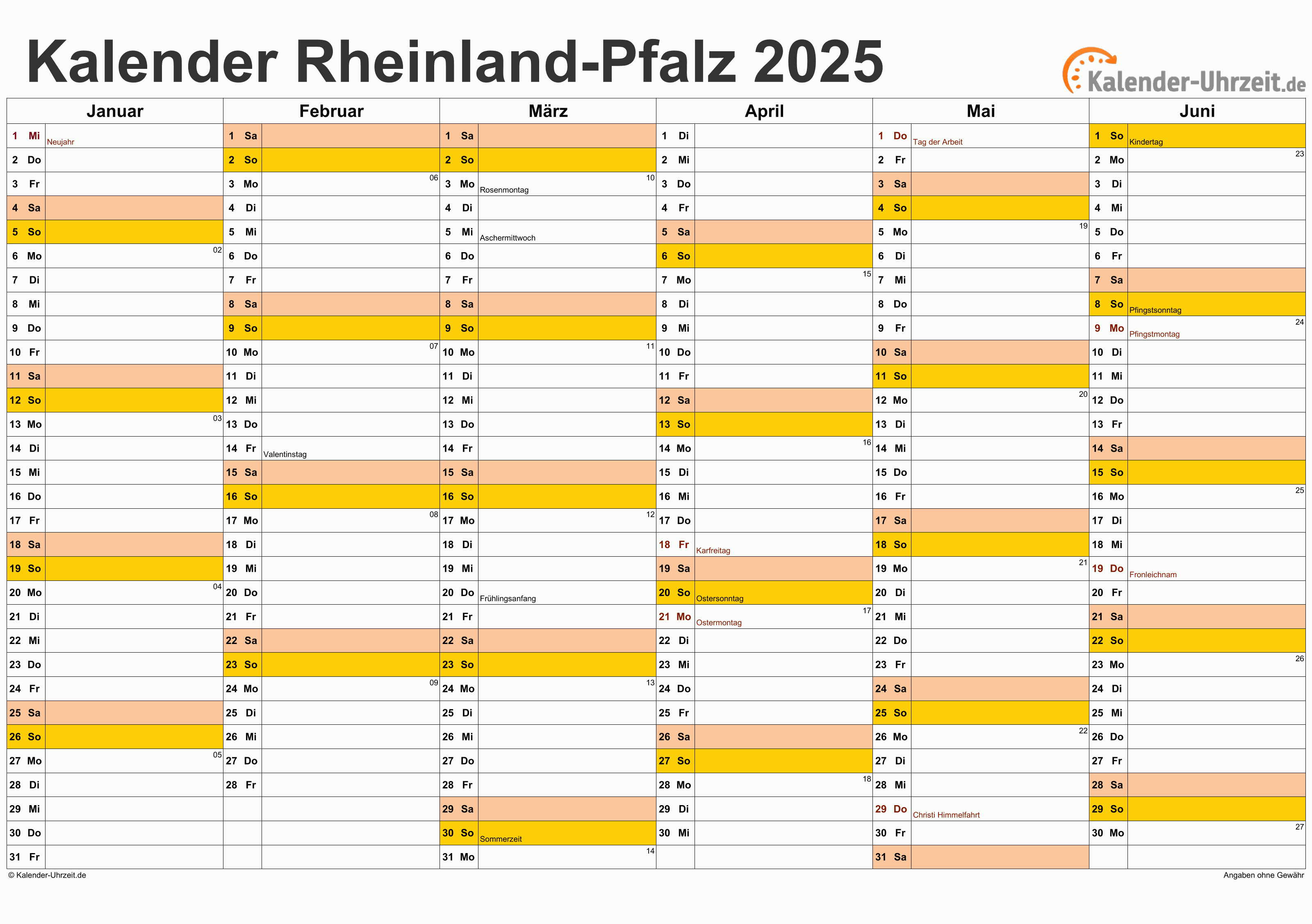 Rheinland-Pfalz Kalender 2025 - A4 quer-zweiseitig Rheinland-Pfalz Kalender 2025 mit Feiertagen - quer-zweiseitig