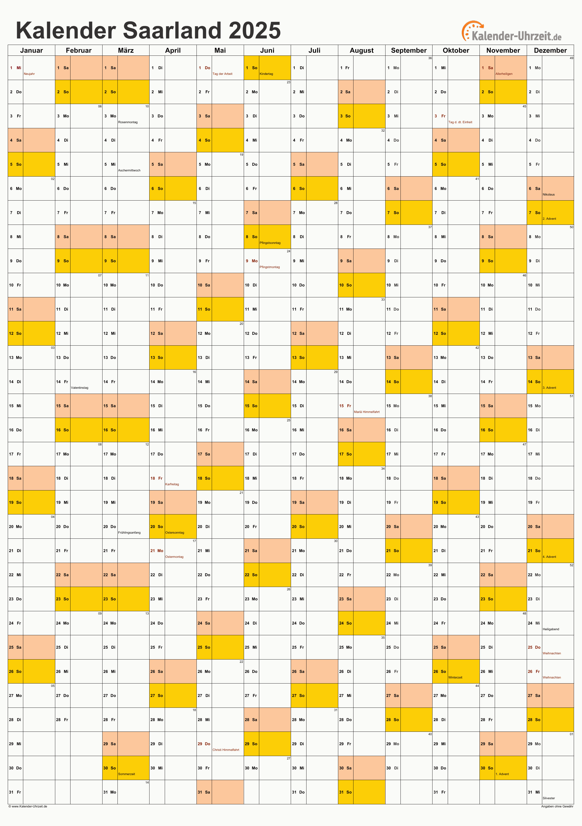 Saarland Kalender 2025 - A4 hoch-einseitig Saarland Kalender 2025 mit Feiertagen - hoch-einseitig