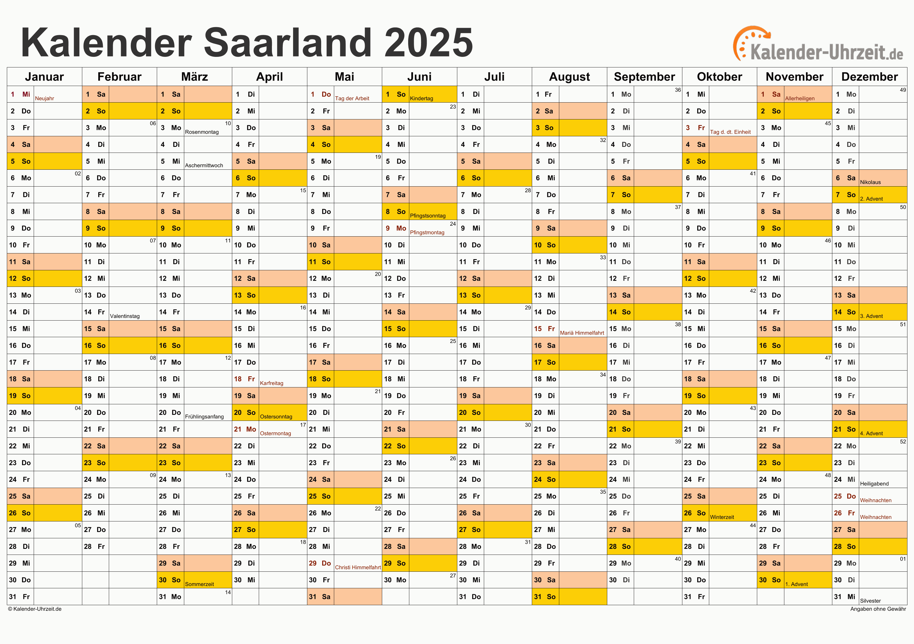 Saarland Kalender 2025 mit Feiertagen - quer-einseitig