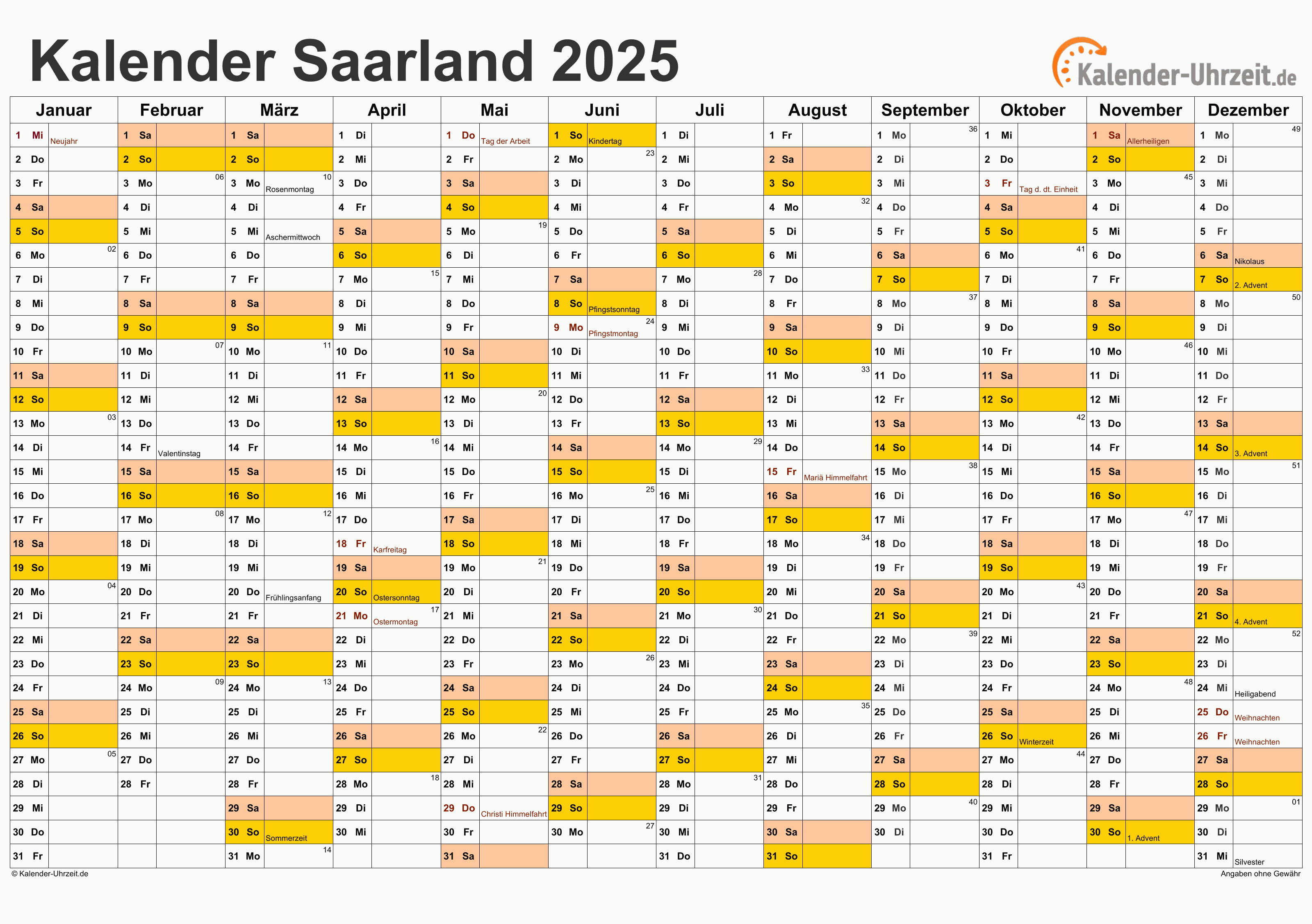 Saarland Kalender 2025 - A4 quer-einseitig Saarland Kalender 2025 mit Feiertagen - quer-einseitig
