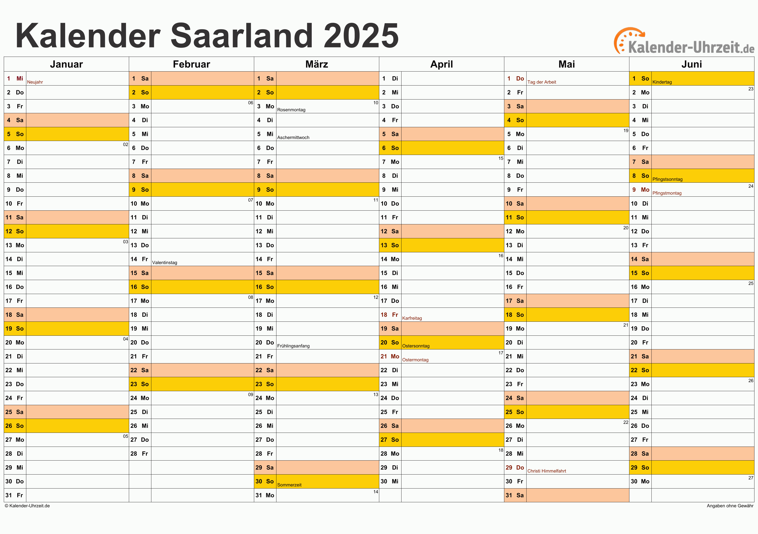 Saarland Kalender 2025 mit Feiertagen - quer-zweiseitig