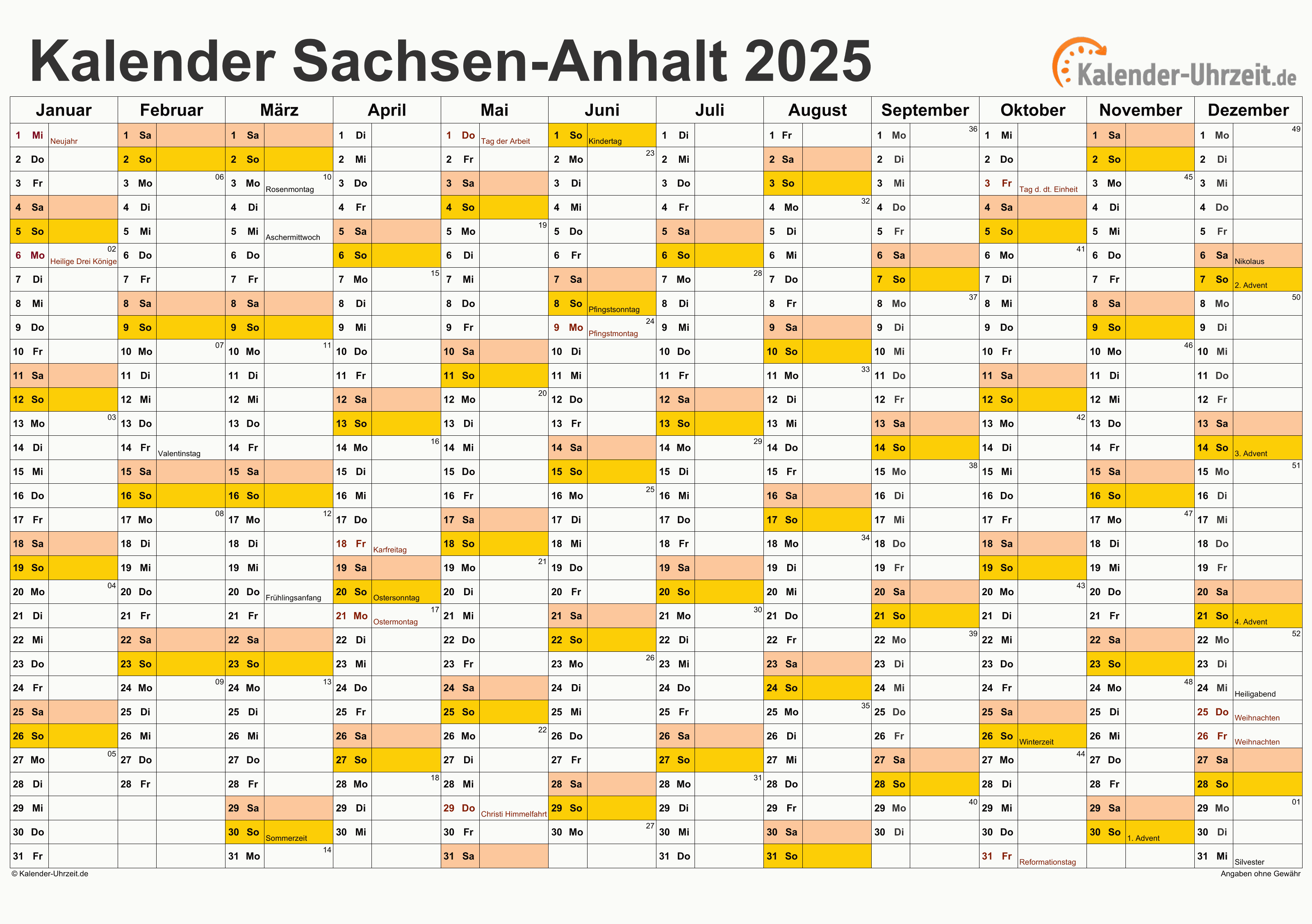 Sachsen-Anhalt Kalender 2025 mit Feiertagen - quer-einseitig