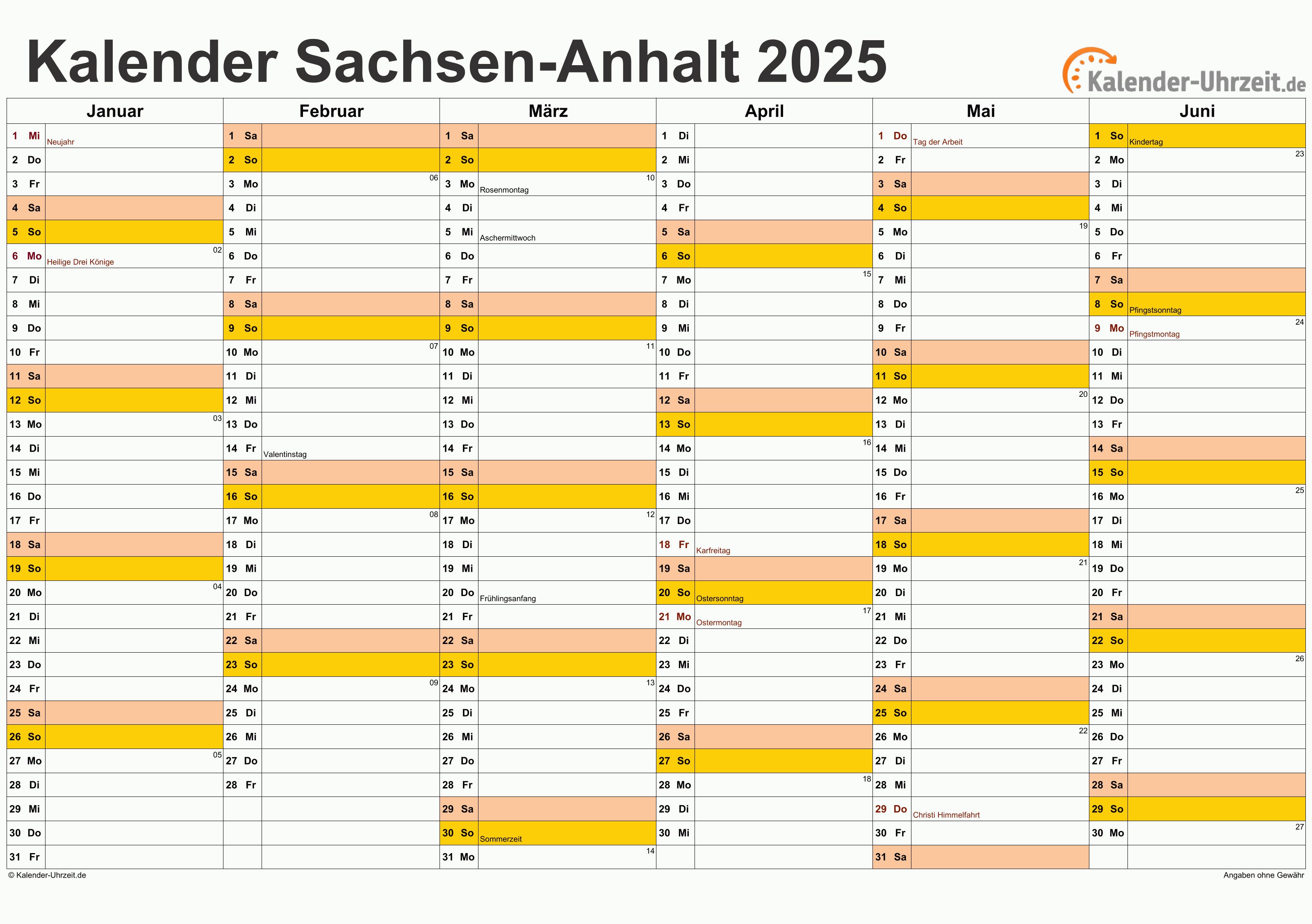 Sachsen-Anhalt Kalender 2025 mit Feiertagen - quer-zweiseitig