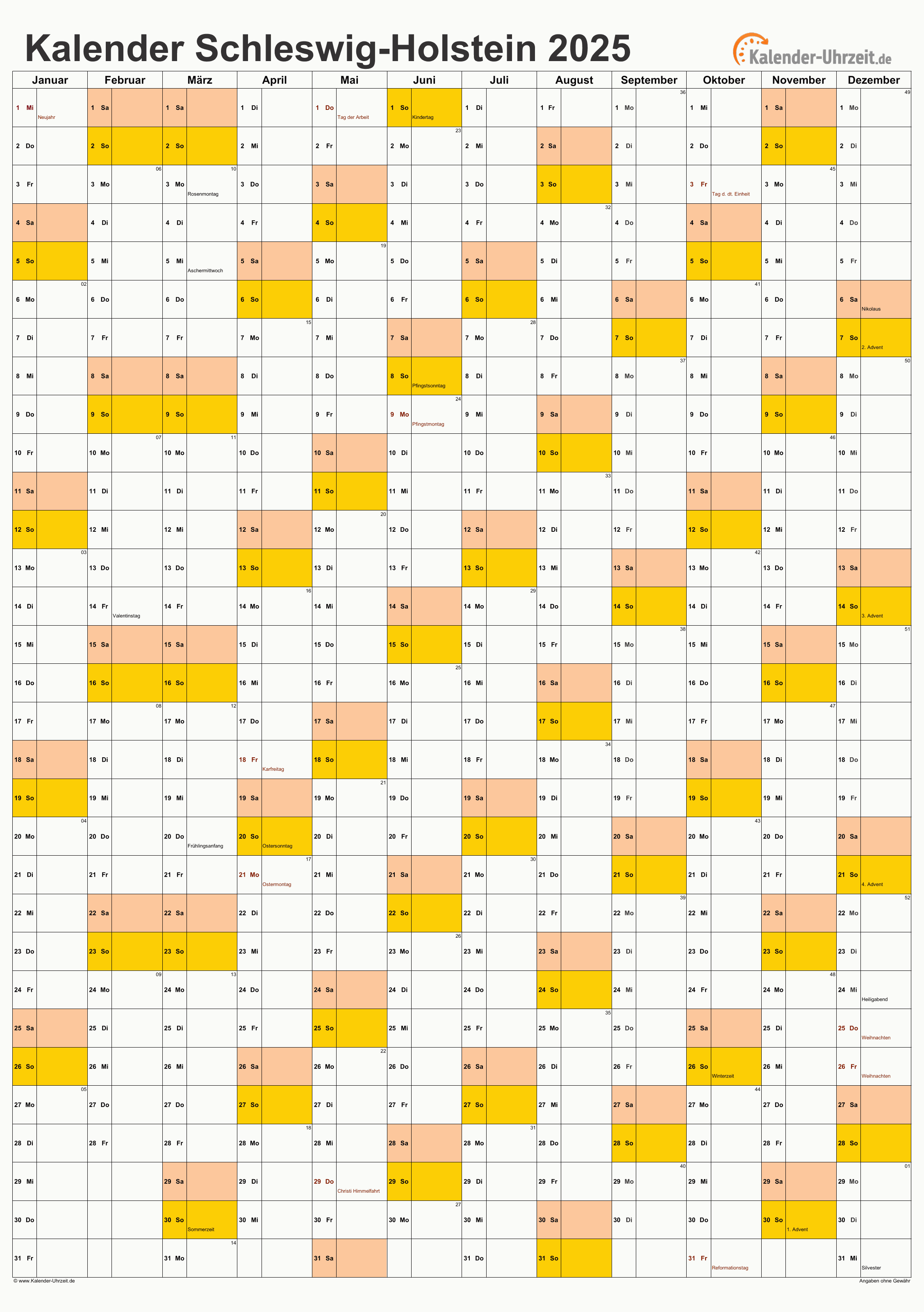 Schleswig-Holstein Kalender 2025 - A4 hoch-einseitig Schleswig-Holstein Kalender 2025 mit Feiertagen - hoch-einseitig