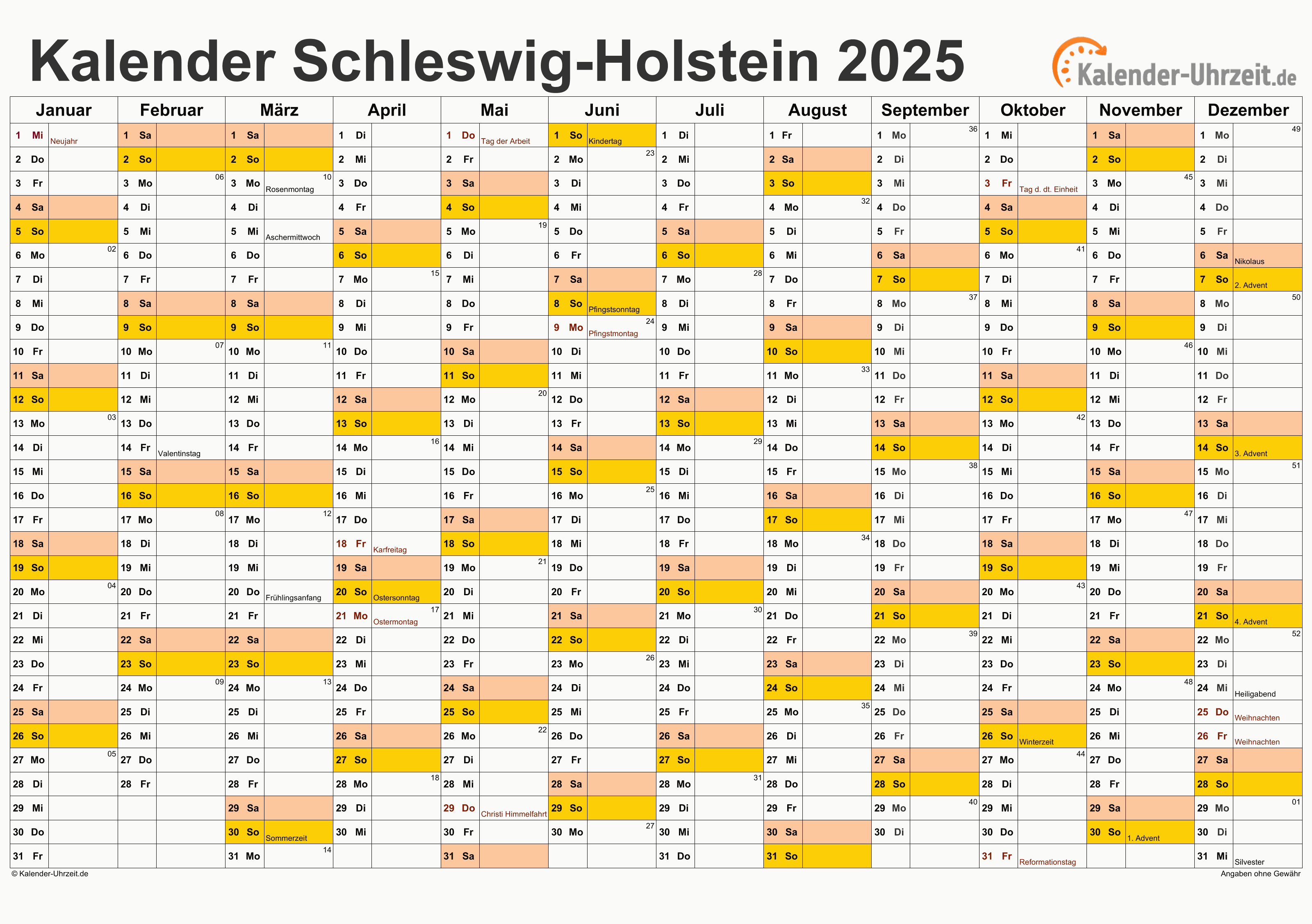 Schleswig-Holstein Kalender 2025 - A4 quer-einseitig Schleswig-Holstein Kalender 2025 mit Feiertagen - quer-einseitig