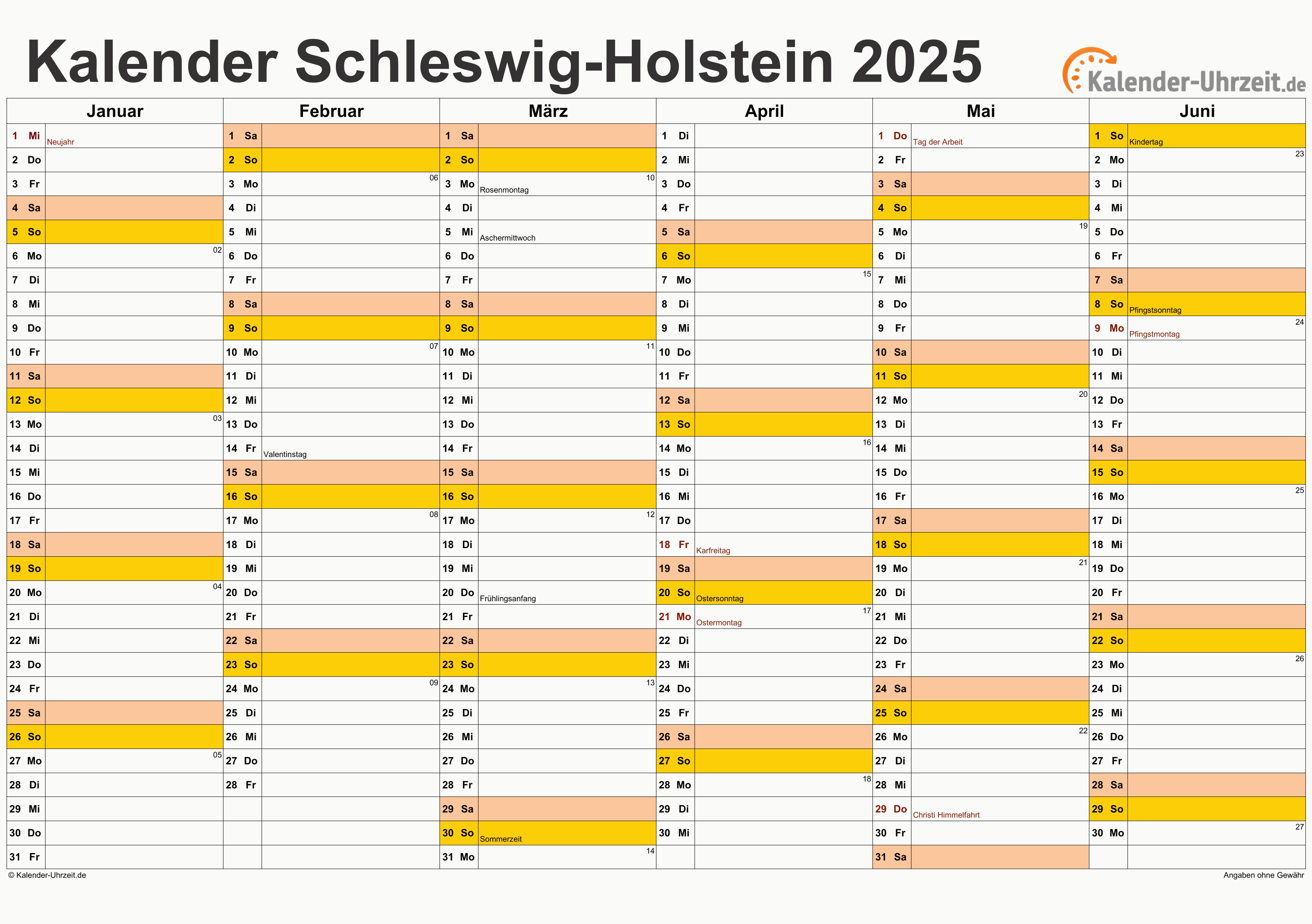 Schleswig-Holstein Kalender 2025 - A4 quer-zweiseitig Schleswig-Holstein Kalender 2025 mit Feiertagen - quer-zweiseitig