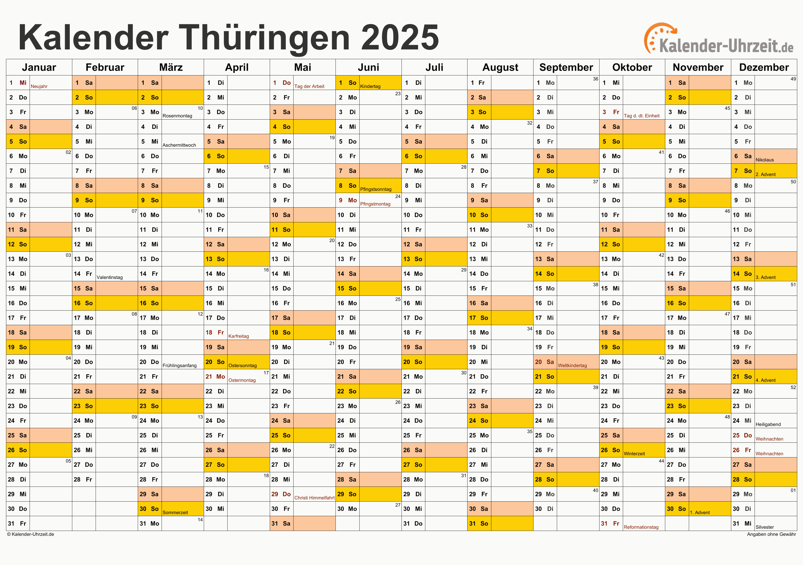 Thüringen Kalender 2025 mit Feiertagen - quer-einseitig