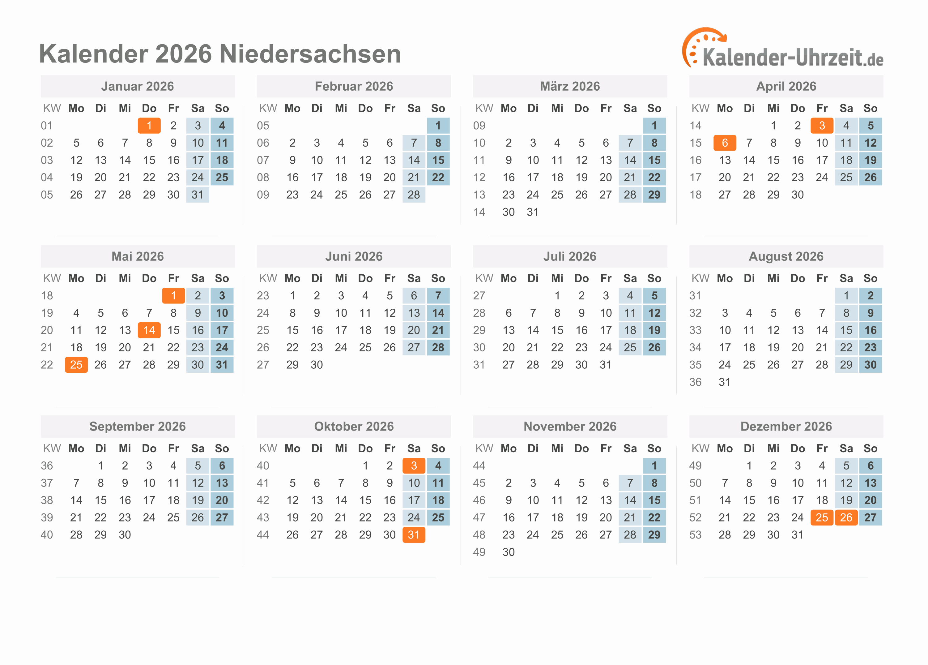 Feiertage 2026 Niedersachsen + Kalender