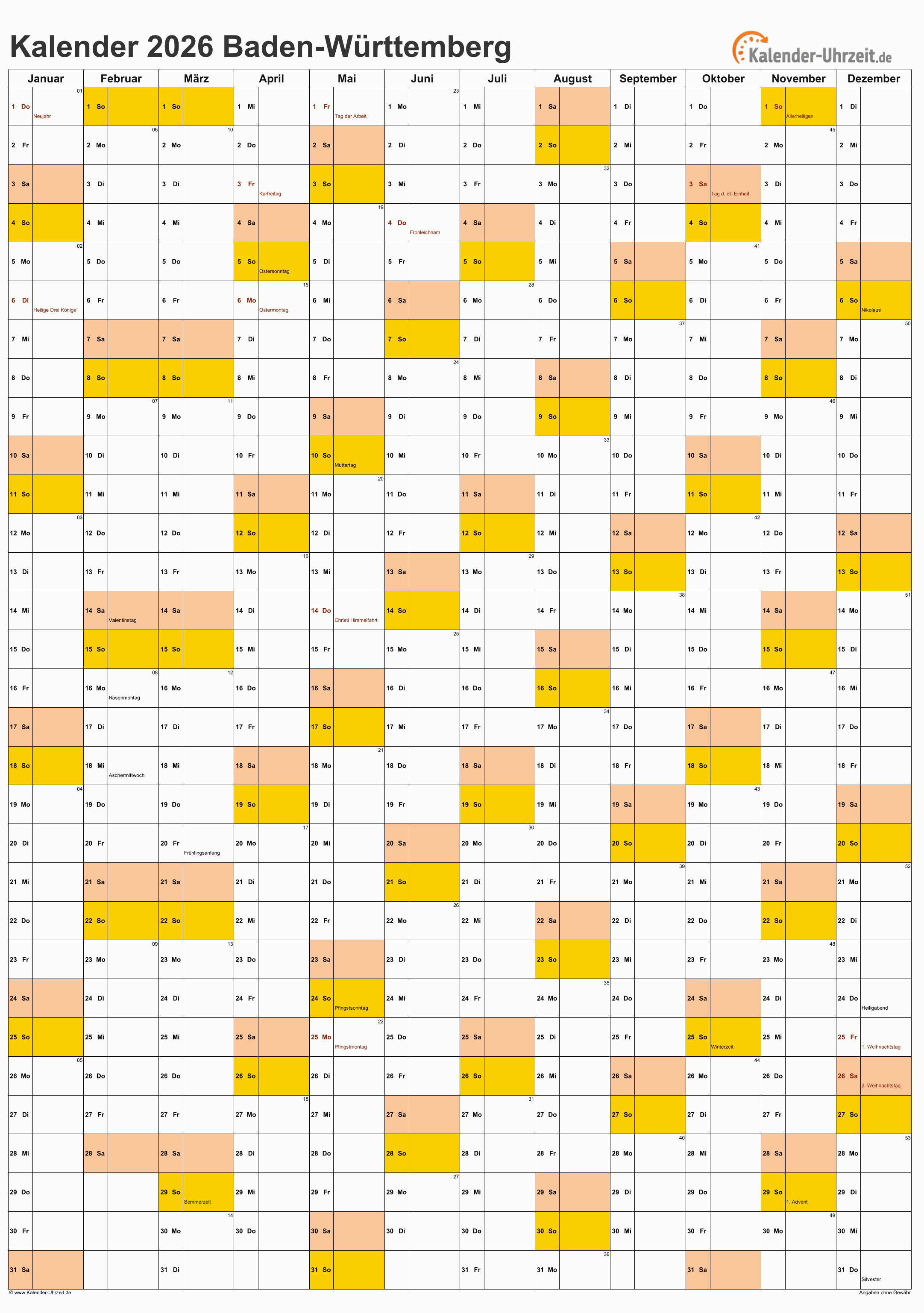 Baden-Württemberg Kalender 2026 - A4 hoch-einseitig Baden-Württemberg Kalender 2026 mit Feiertagen - hoch-einseitig