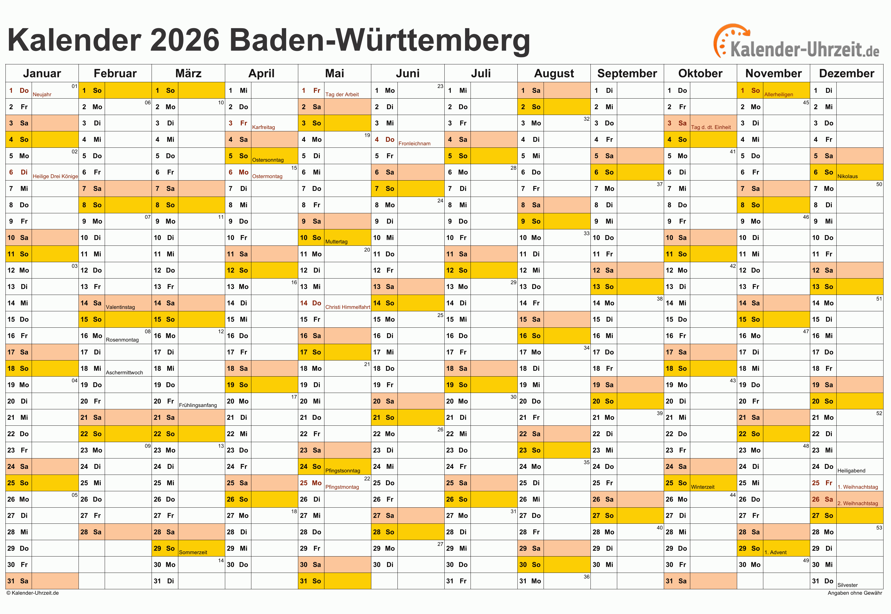 Baden-Württemberg Kalender 2026 - A4 quer-einseitig Baden-Württemberg Kalender 2026 mit Feiertagen - quer-einseitig