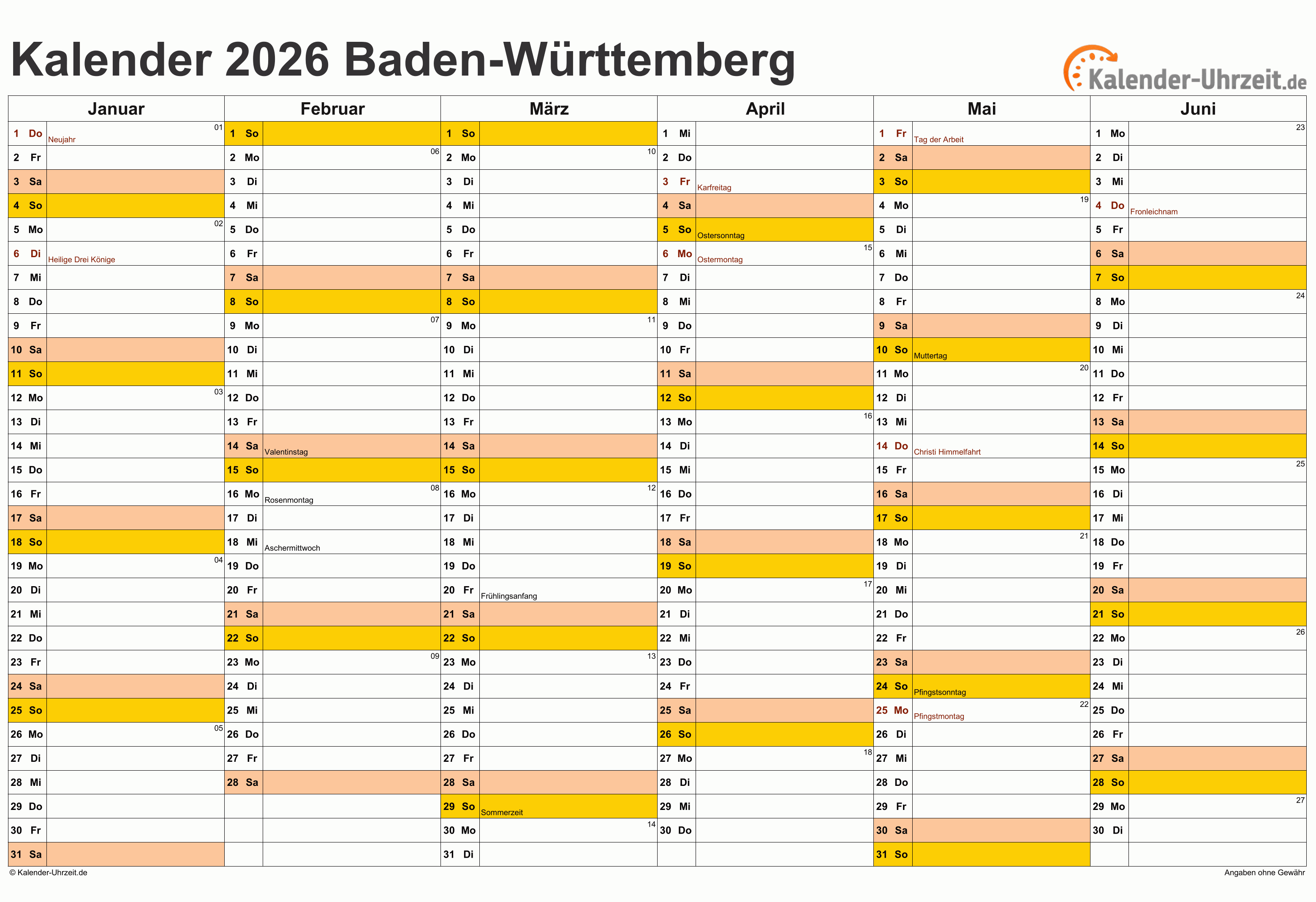 Baden-Württemberg Kalender 2026 - A4 quer-zweiseitig Baden-Württemberg Kalender 2026 mit Feiertagen - quer-zweiseitig