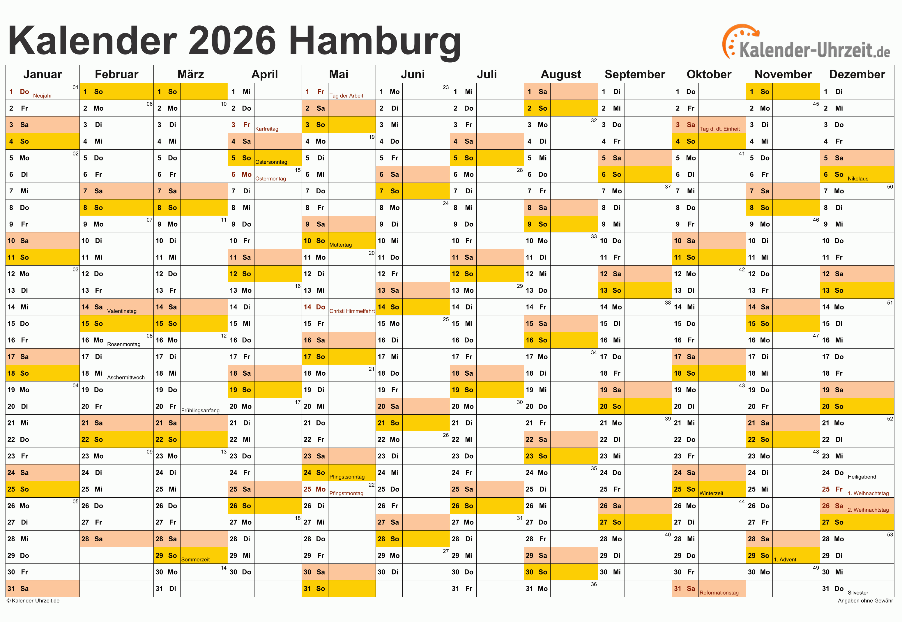 Hamburg Kalender 2026 - A4 quer-einseitig Hamburg Kalender 2026 mit Feiertagen - quer-einseitig