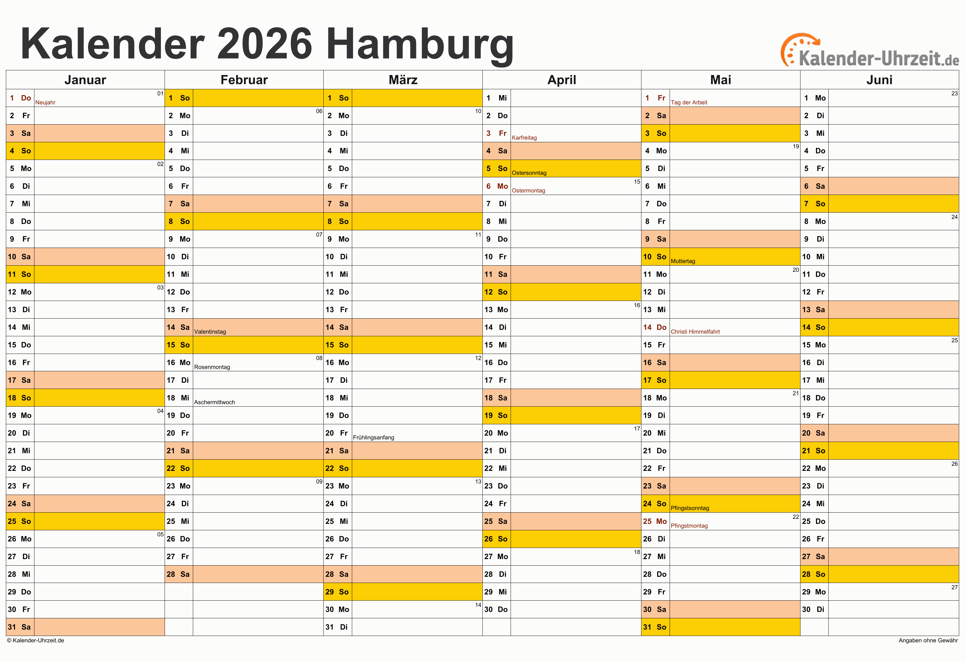 Hamburg Kalender 2026 - A4 quer-zweiseitig Hamburg Kalender 2026 mit Feiertagen - quer-zweiseitig