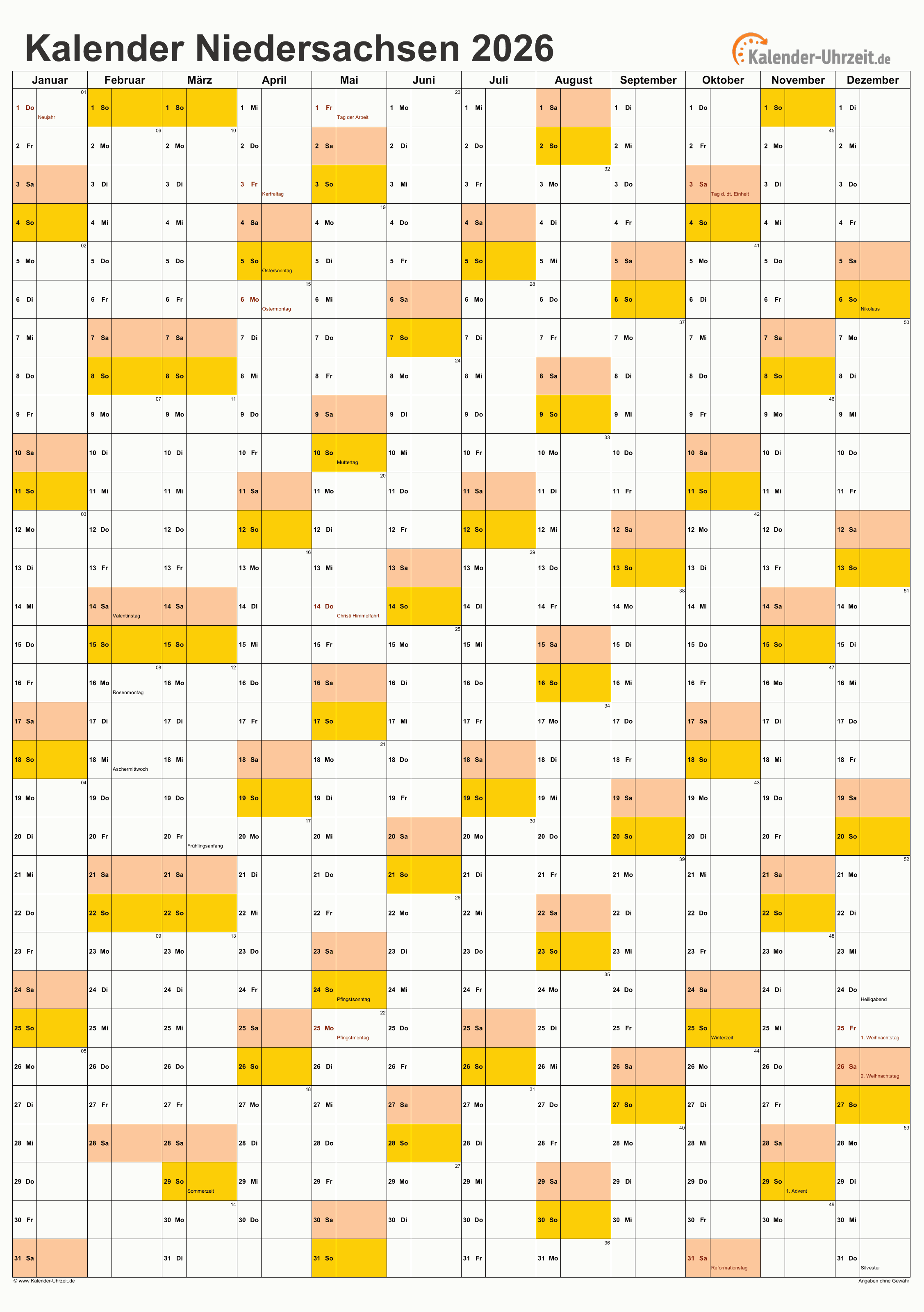Niedersachsen Kalender 2026 - A4 hoch-einseitig Niedersachsen Kalender 2026 mit Feiertagen - hoch-einseitig