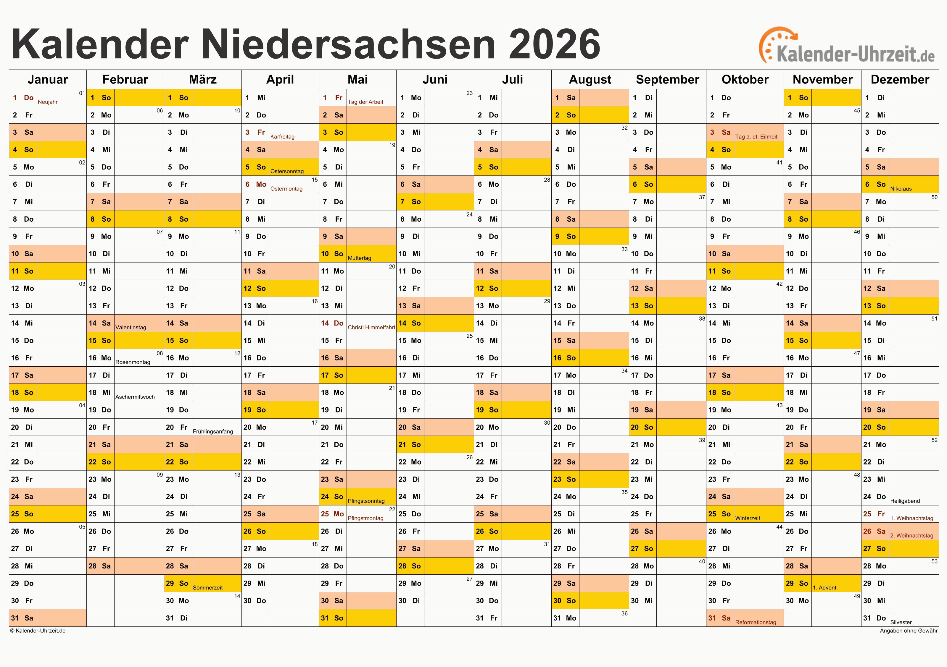 Niedersachsen Kalender 2026 - A4 quer-einseitig Niedersachsen Kalender 2026 mit Feiertagen - quer-einseitig