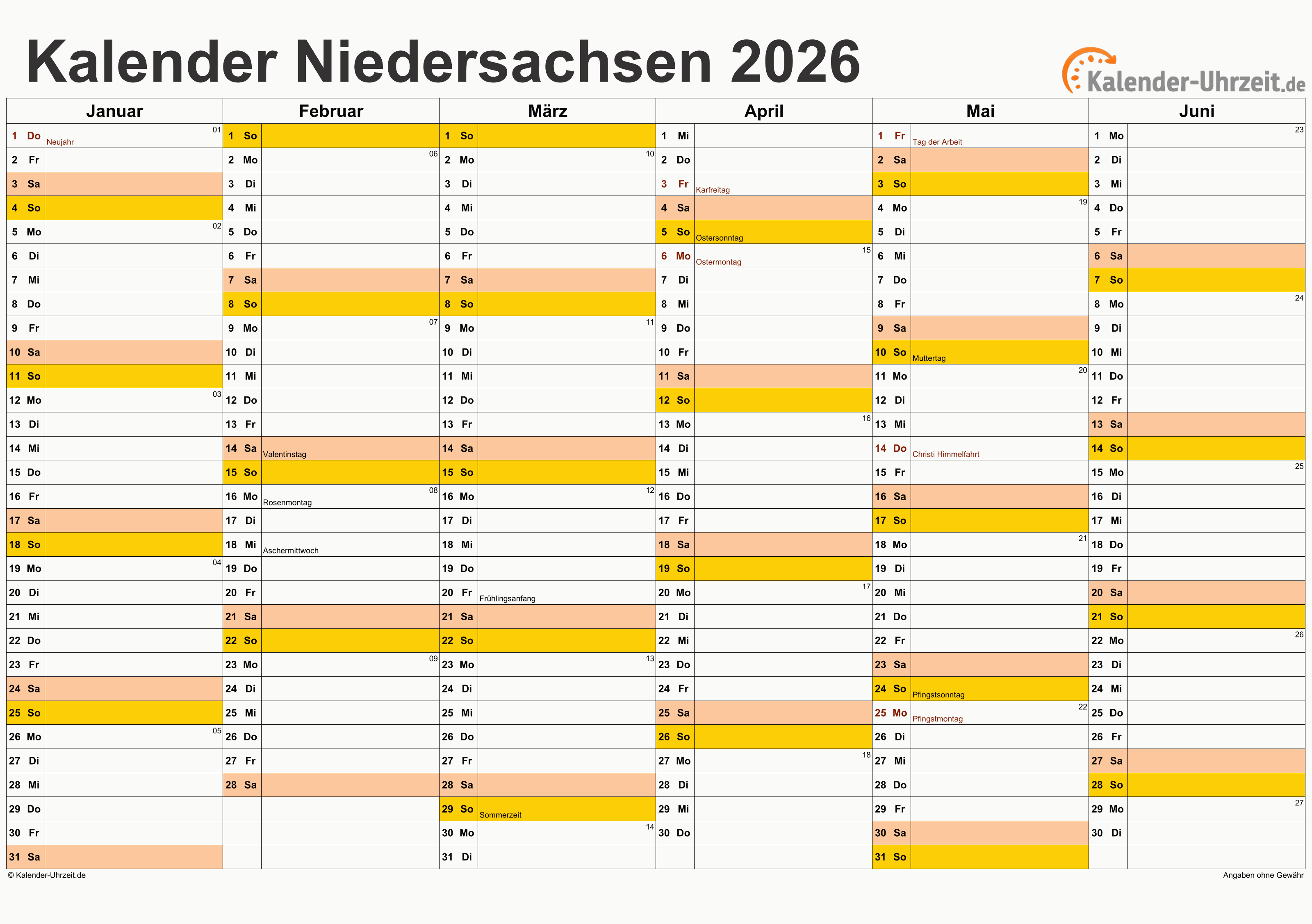 Feiertage 2026 Niedersachsen + Kalender