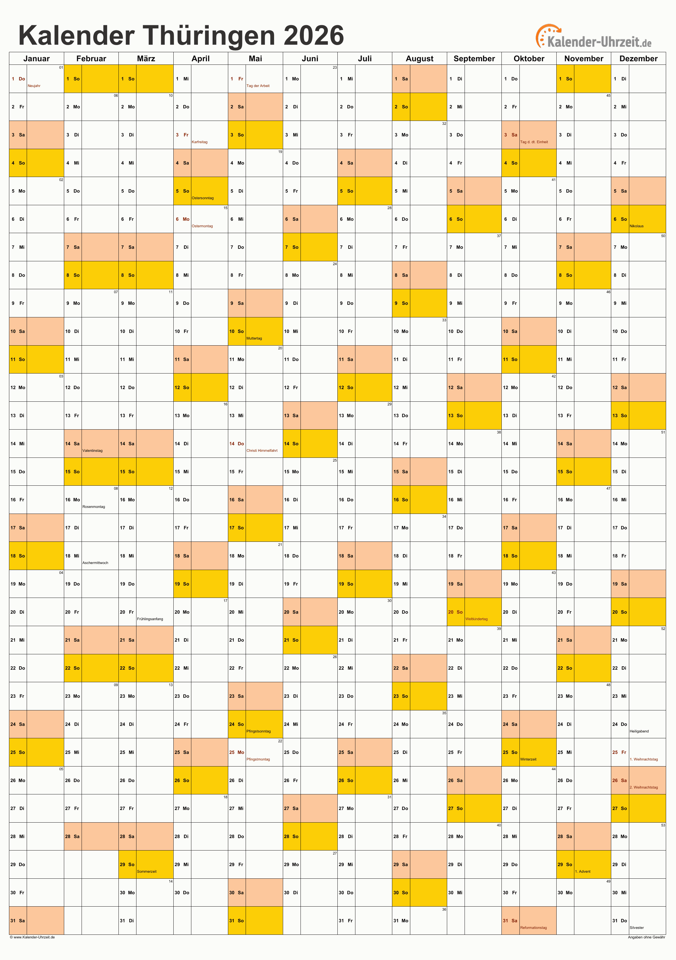 Thüringen Kalender 2026 - A4 hoch-einseitig Thüringen Kalender 2026 mit Feiertagen - hoch-einseitig