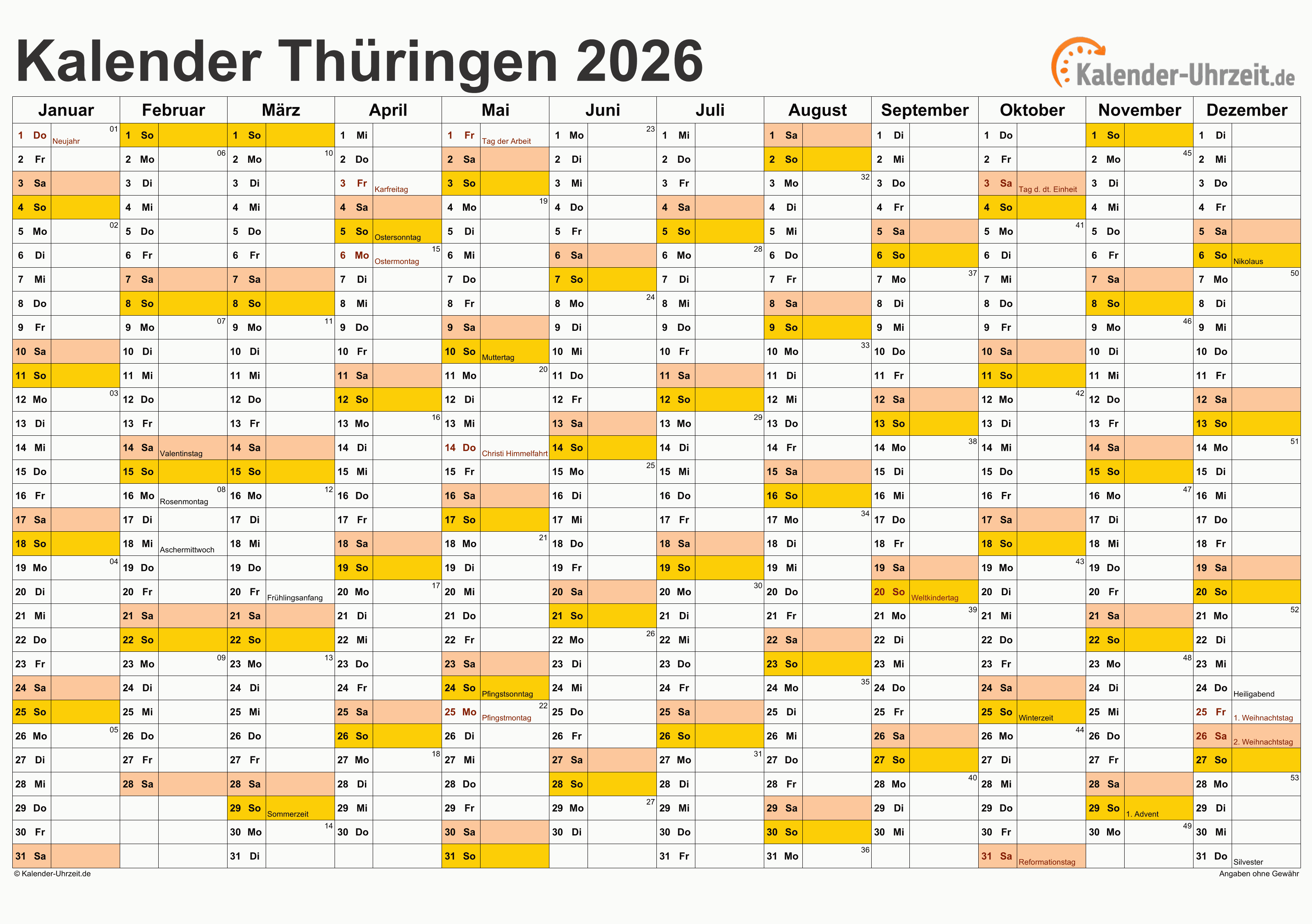 Thüringen Kalender 2026 - A4 quer-einseitig Thüringen Kalender 2026 mit Feiertagen - quer-einseitig