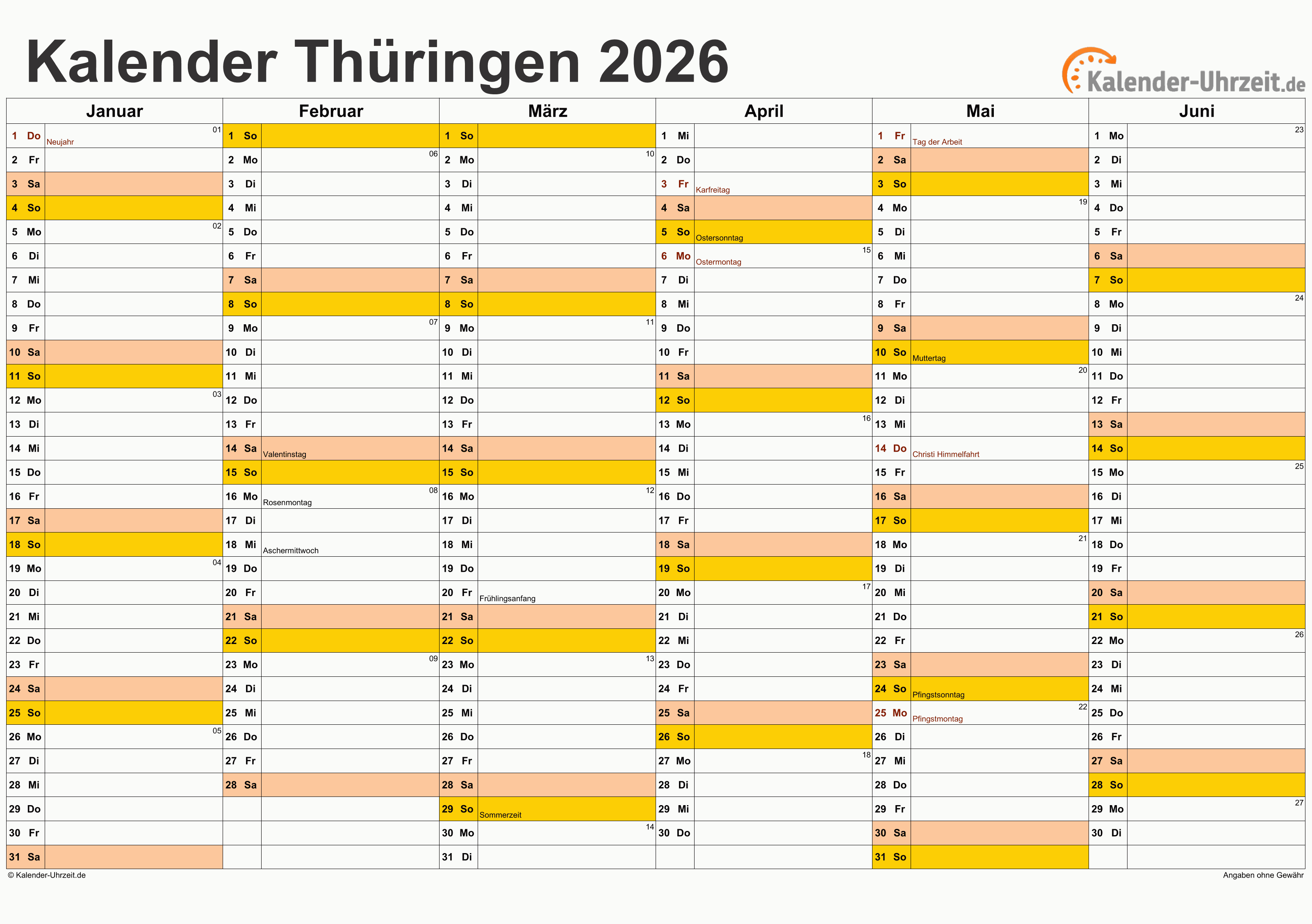 Thüringen Kalender 2026 - A4 quer-zweiseitig Thüringen Kalender 2026 mit Feiertagen - quer-zweiseitig