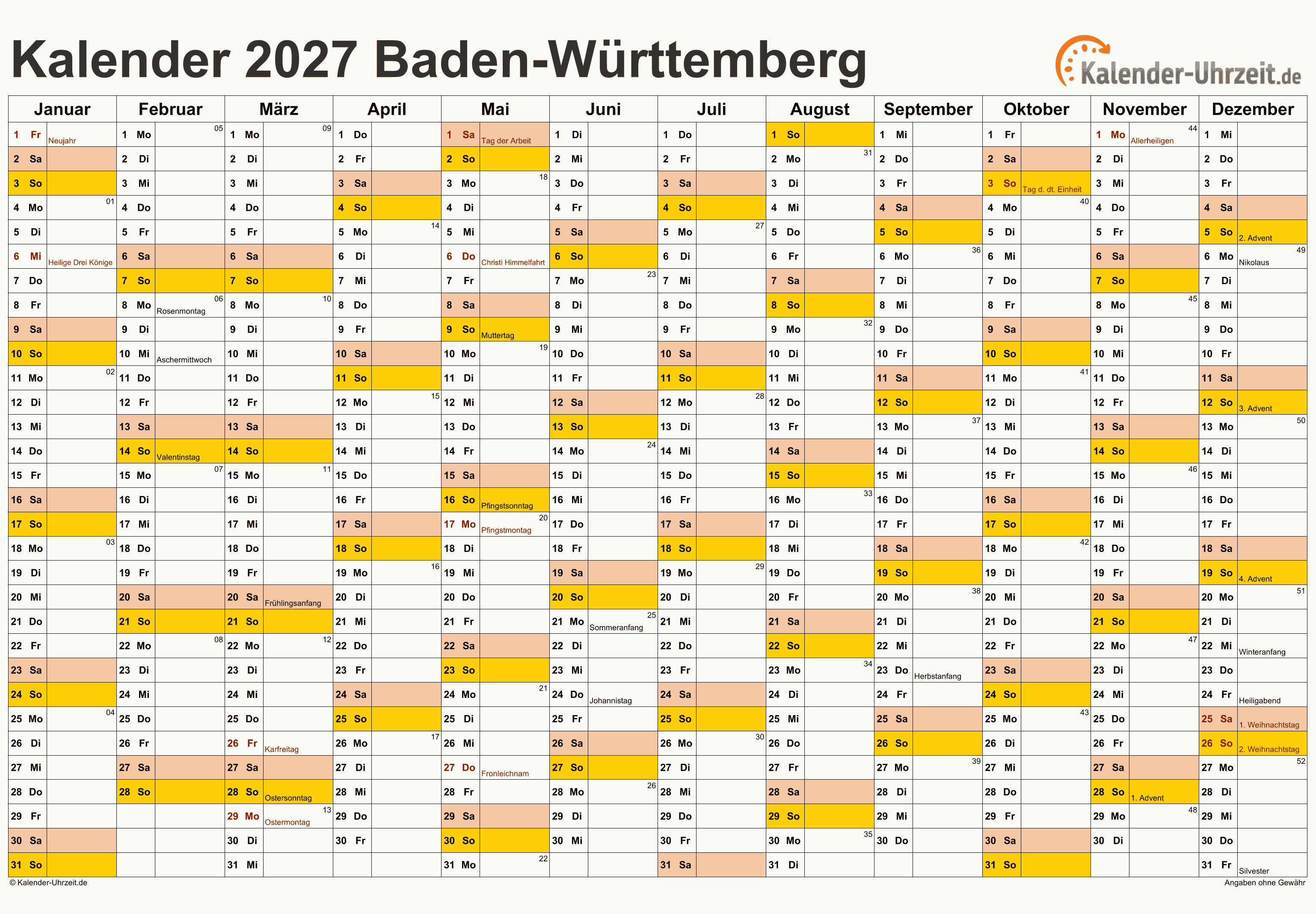 Baden-Württemberg Kalender 2027 - A4 quer-einseitig Baden-Württemberg Kalender 2027 mit Feiertagen - quer-einseitig