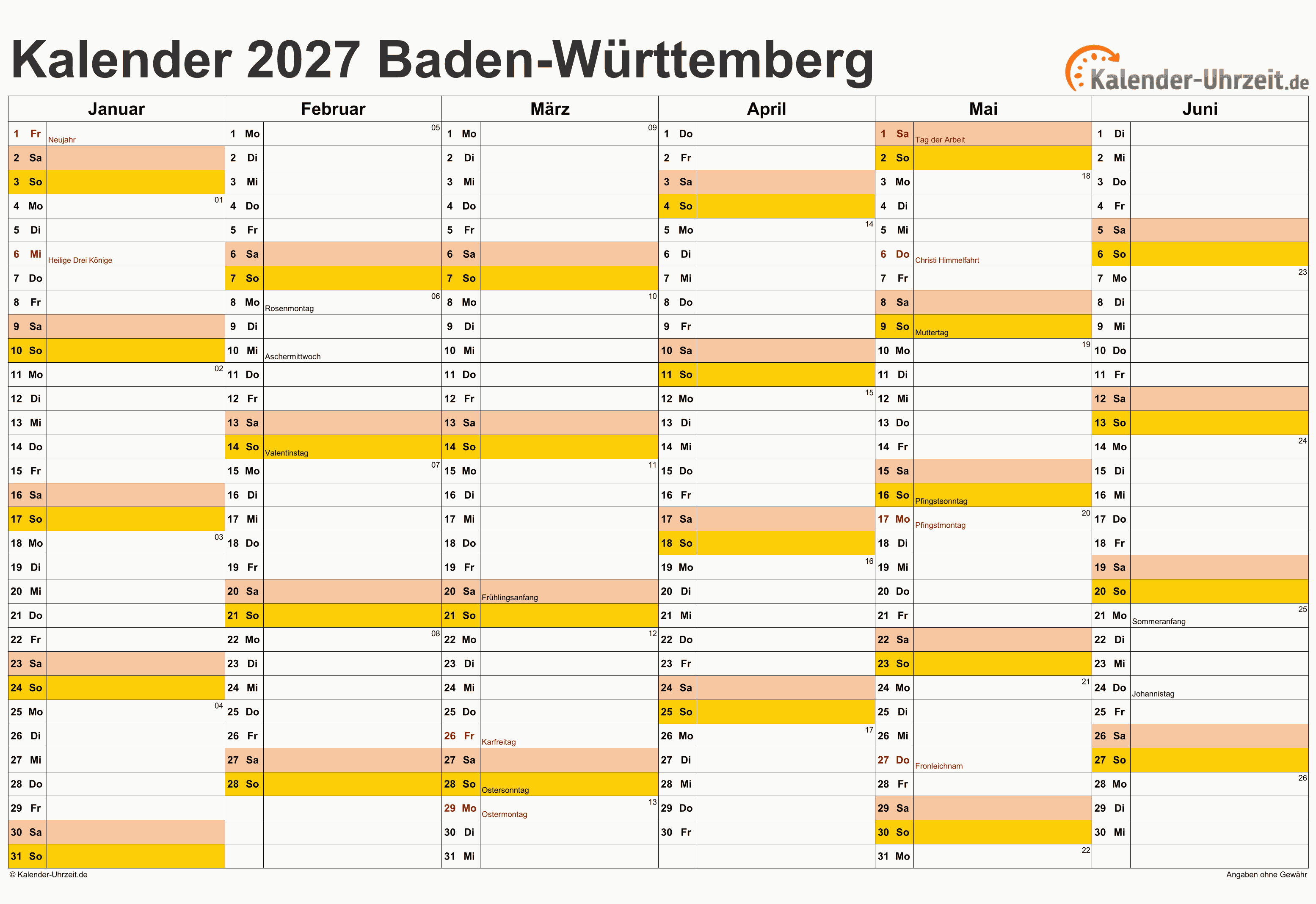 Baden-Württemberg Kalender 2027 - A4 quer-zweiseitig Baden-Württemberg Kalender 2027 mit Feiertagen - quer-zweiseitig
