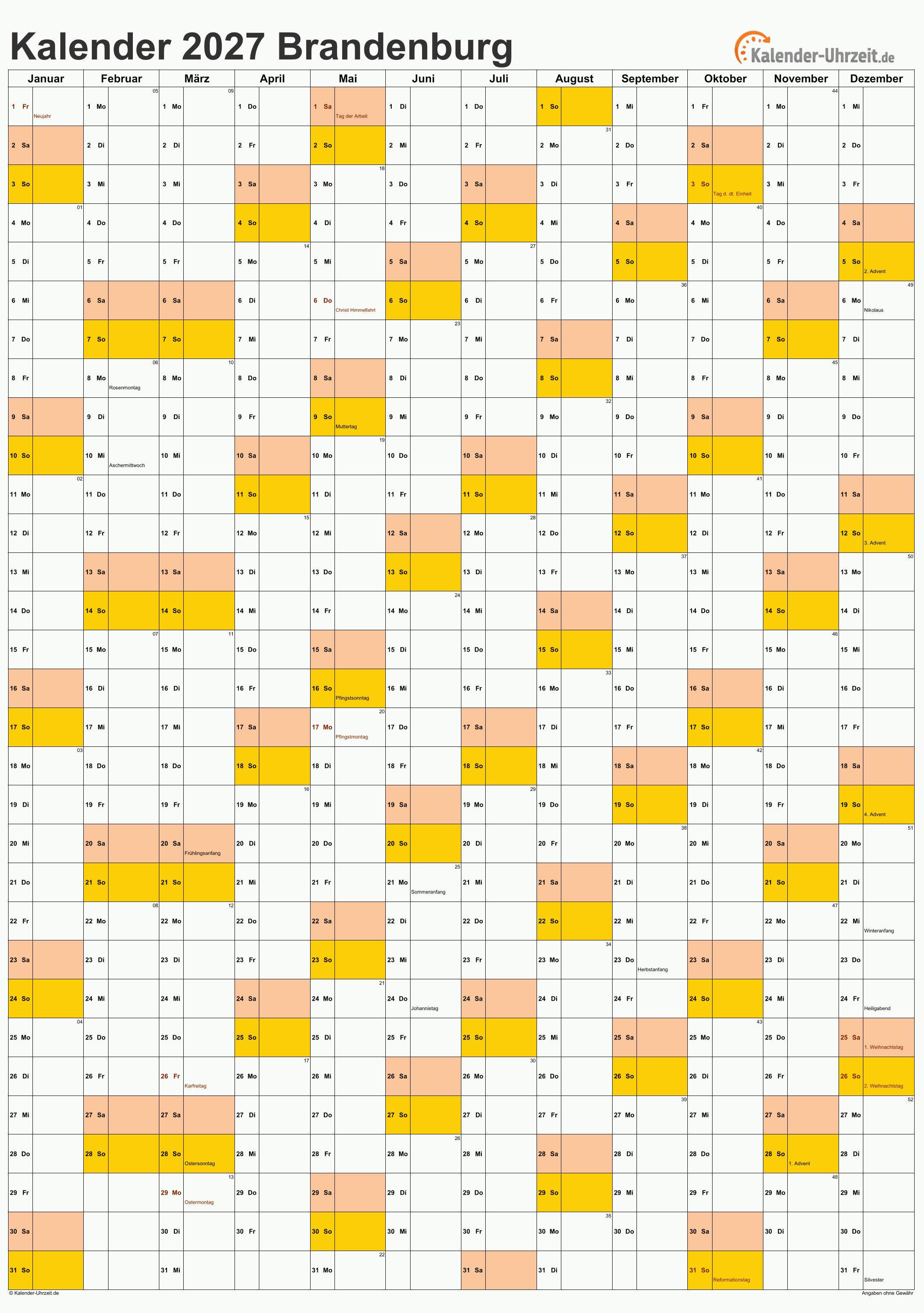 Brandenburg Kalender 2027 - A4 hoch-einseitig Brandenburg Kalender 2027 mit Feiertagen - hoch-einseitig