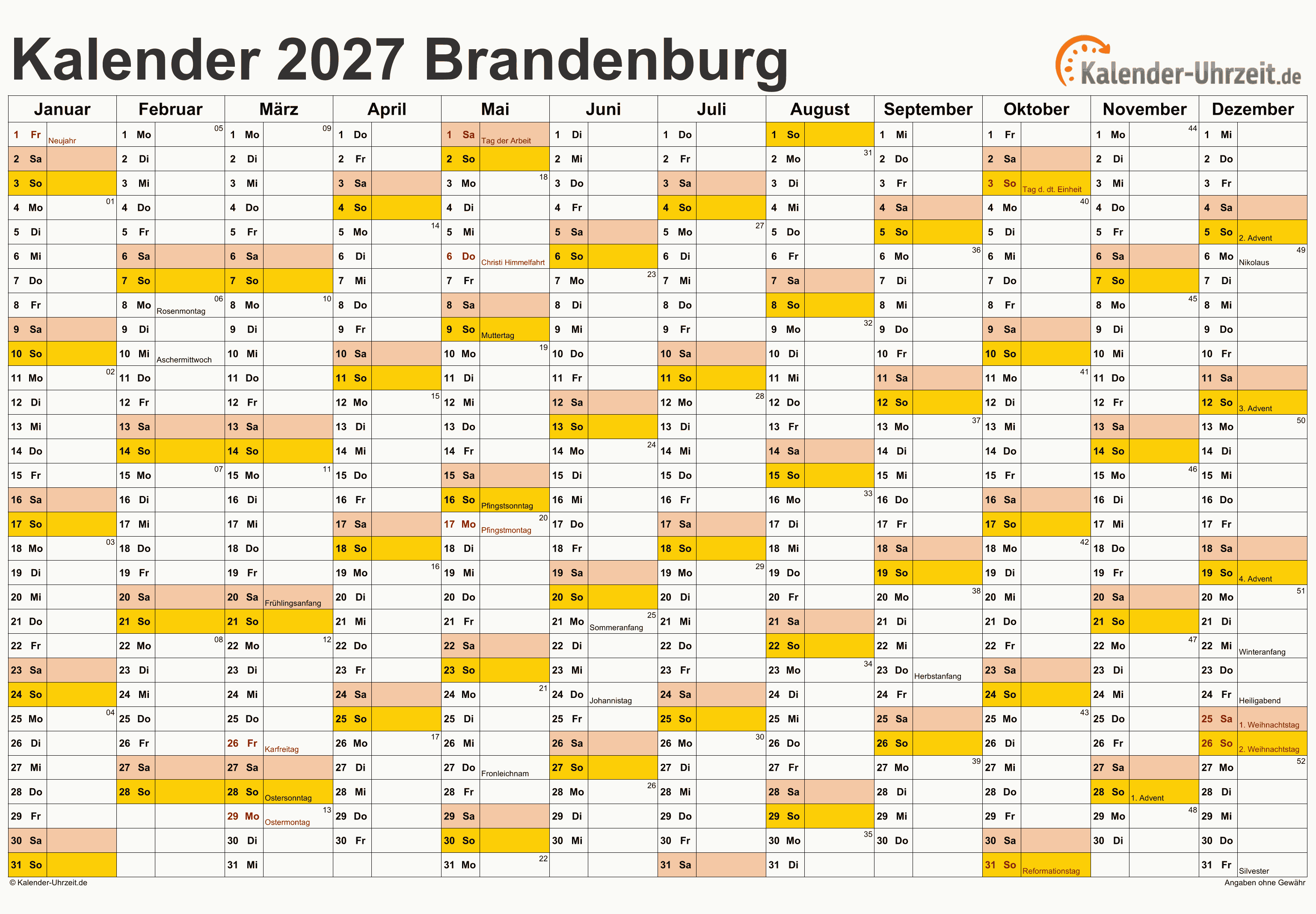 Brandenburg Kalender 2027 - A4 quer-einseitig Brandenburg Kalender 2027 mit Feiertagen - quer-einseitig