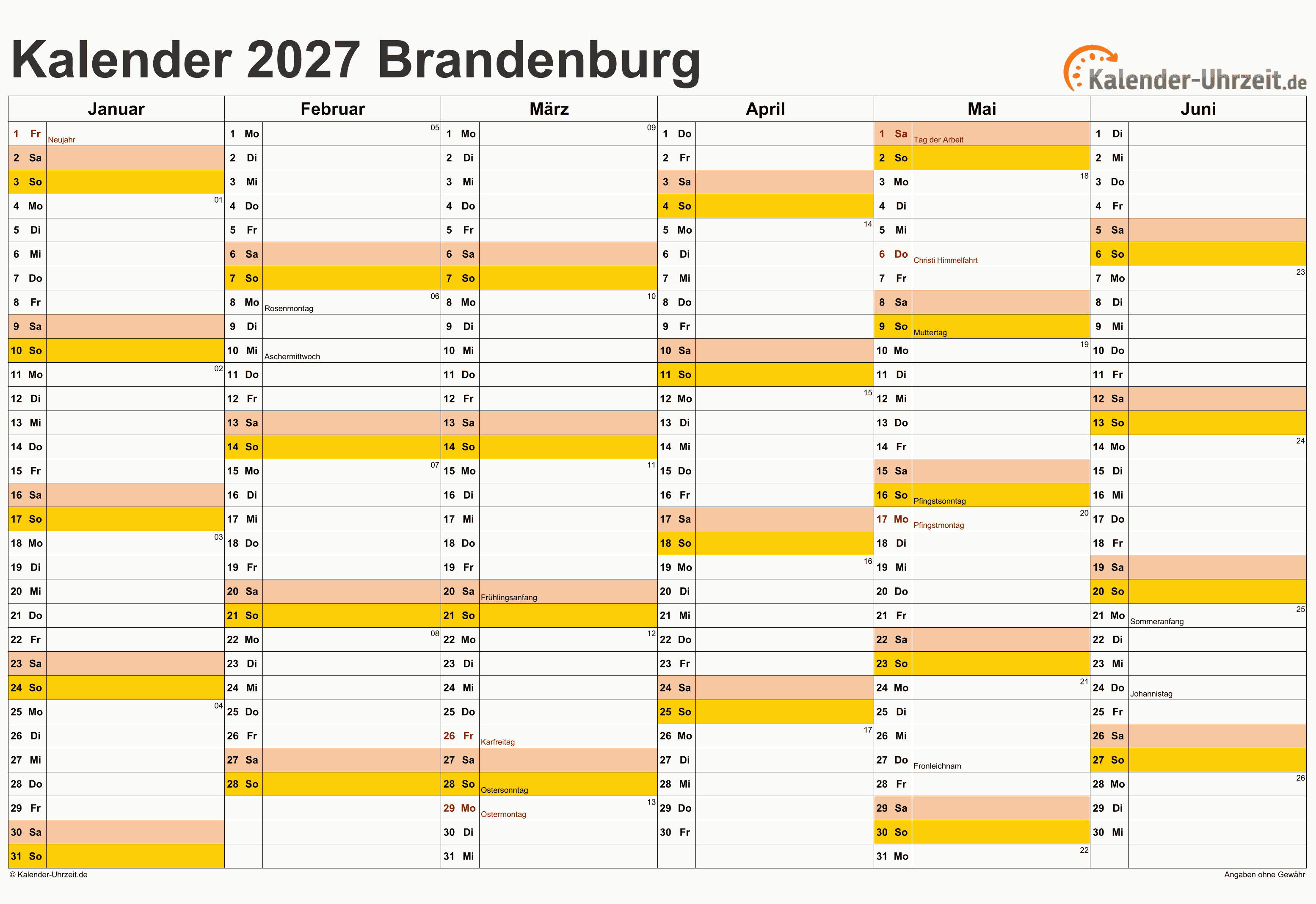 Brandenburg Kalender 2027 - A4 quer-zweiseitig Brandenburg Kalender 2027 mit Feiertagen - quer-zweiseitig