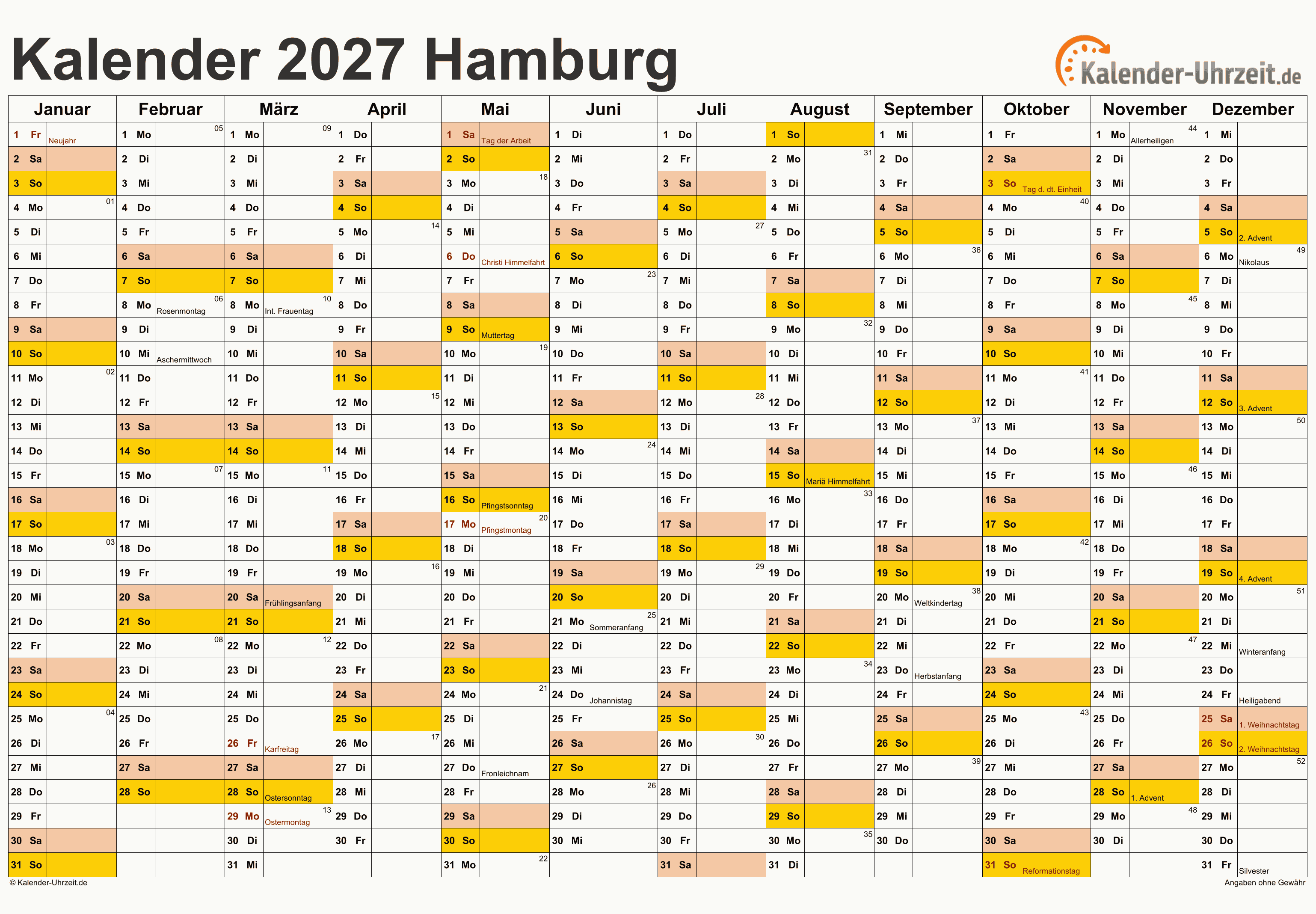 Hamburg Kalender 2027 - A4 quer-einseitig Hamburg Kalender 2027 mit Feiertagen - quer-einseitig