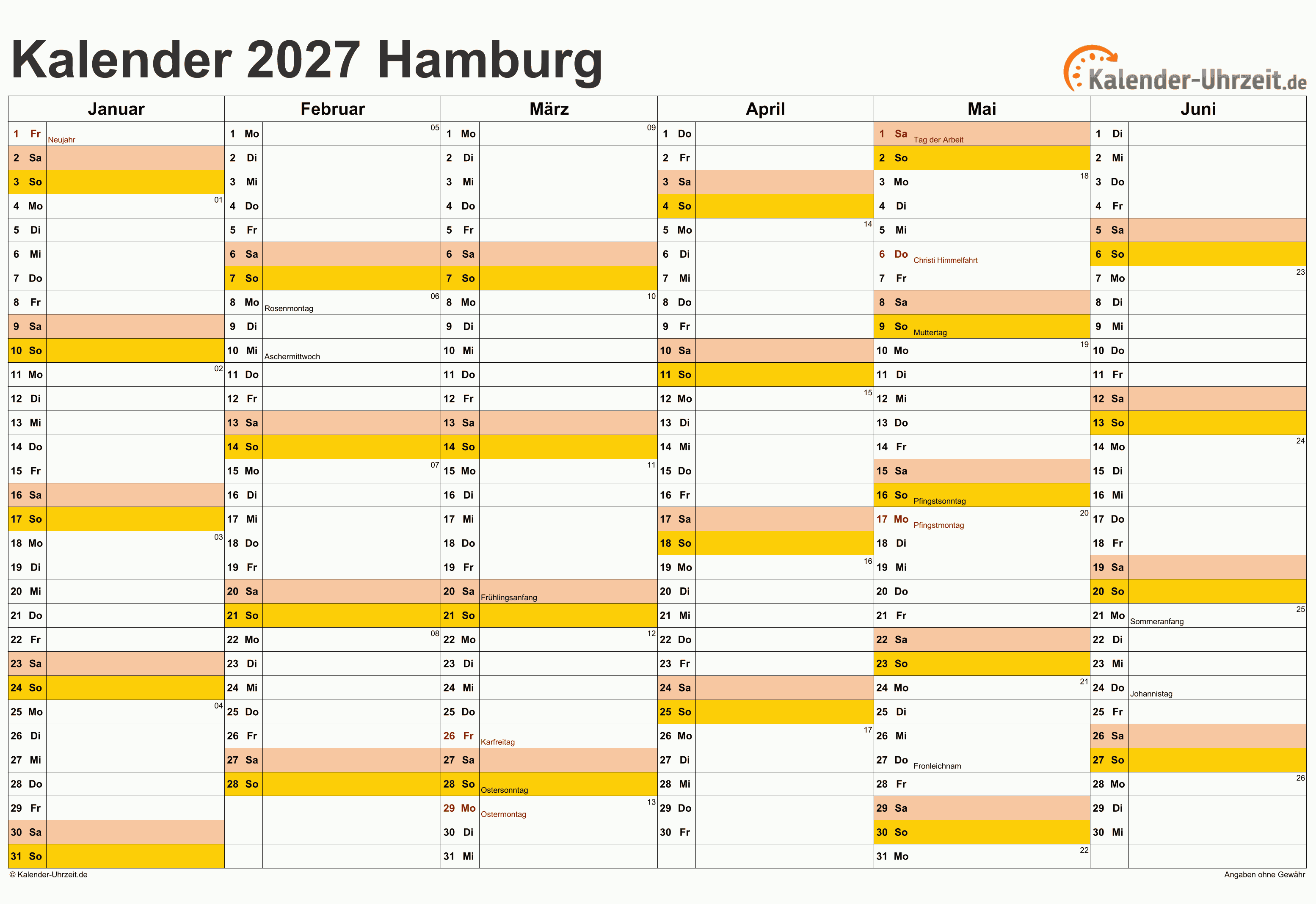 Hamburg Kalender 2027 - A4 quer-zweiseitig Hamburg Kalender 2027 mit Feiertagen - quer-zweiseitig